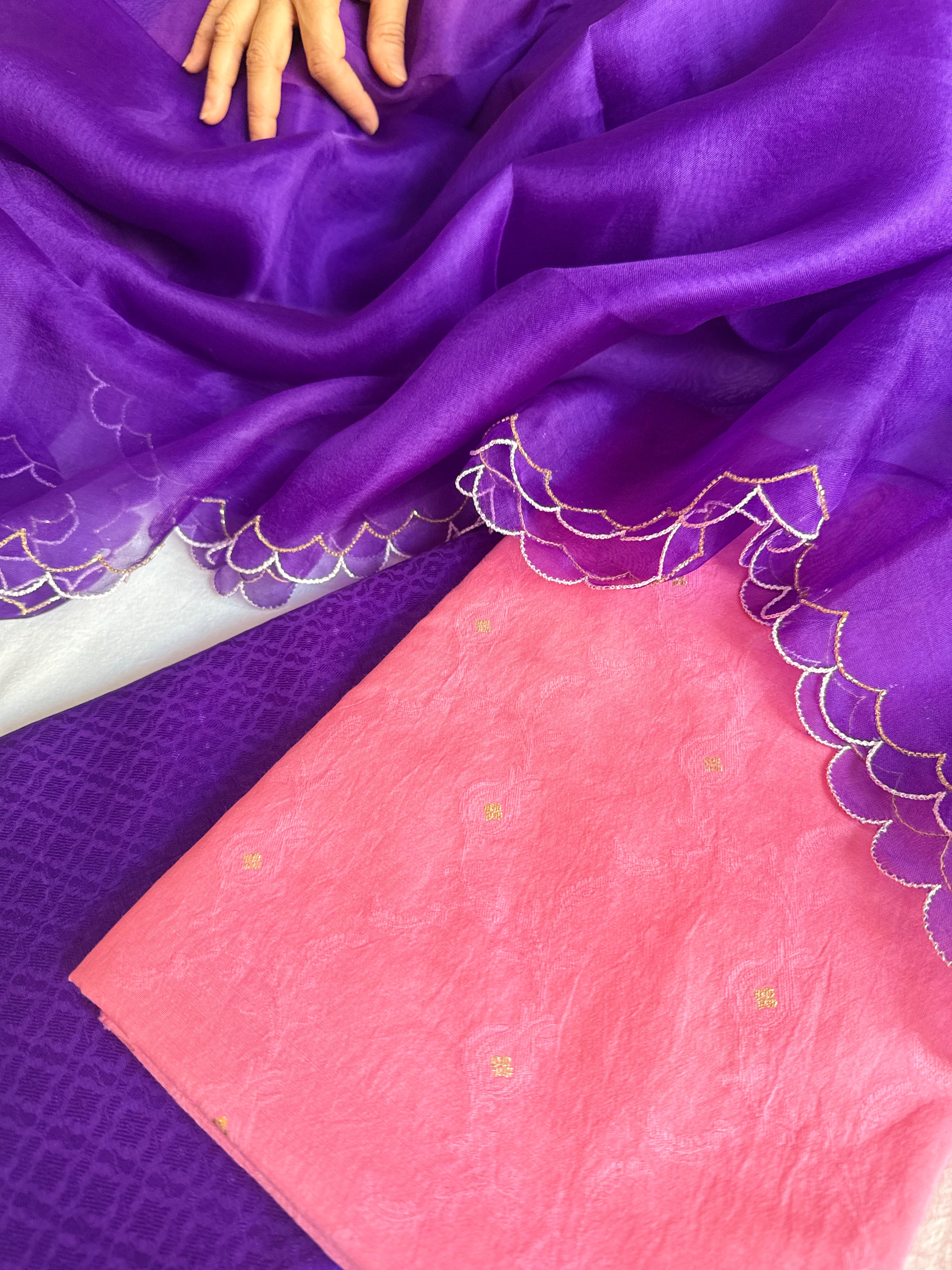 Summer suits under 8k - Mul cotton peach kurta paired with purple scalloped kora silk duppata