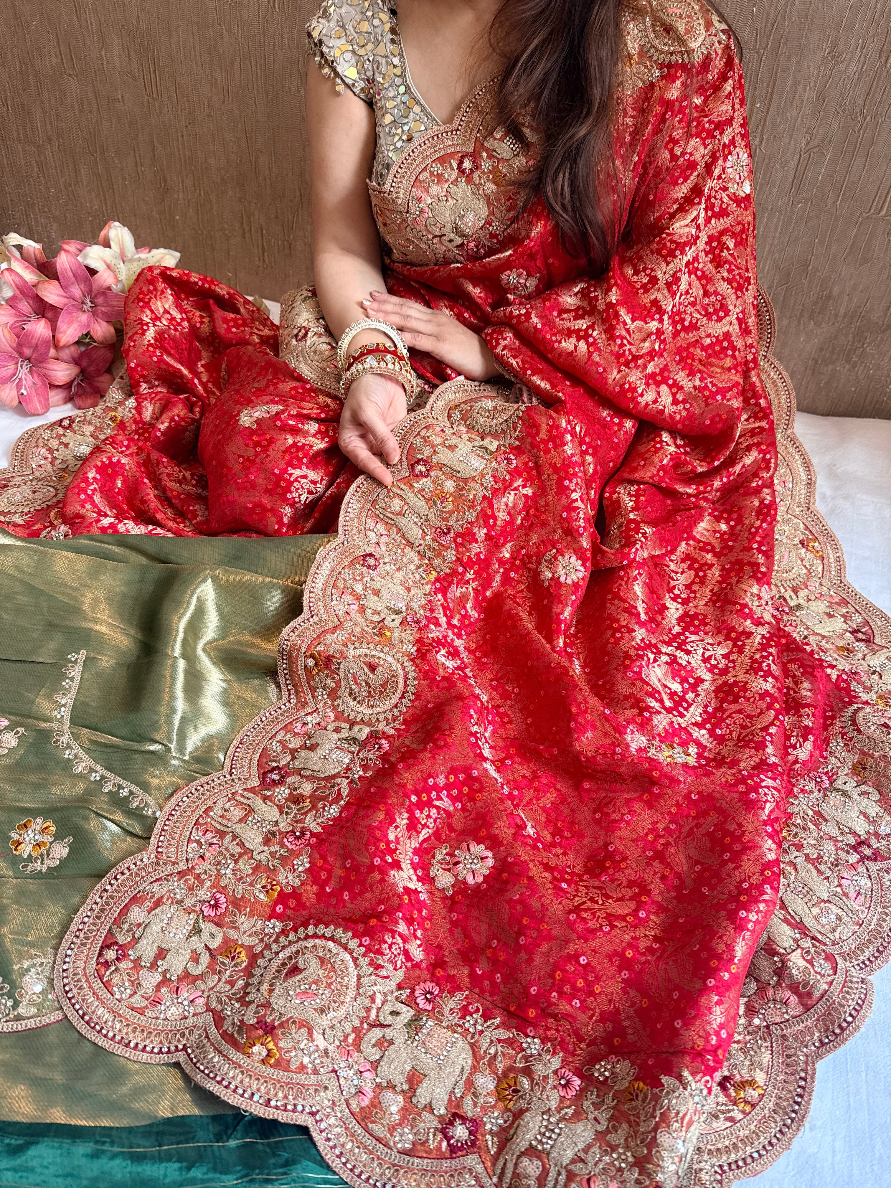 Banarasi bandhej crepe tissue silk  embroidered saree