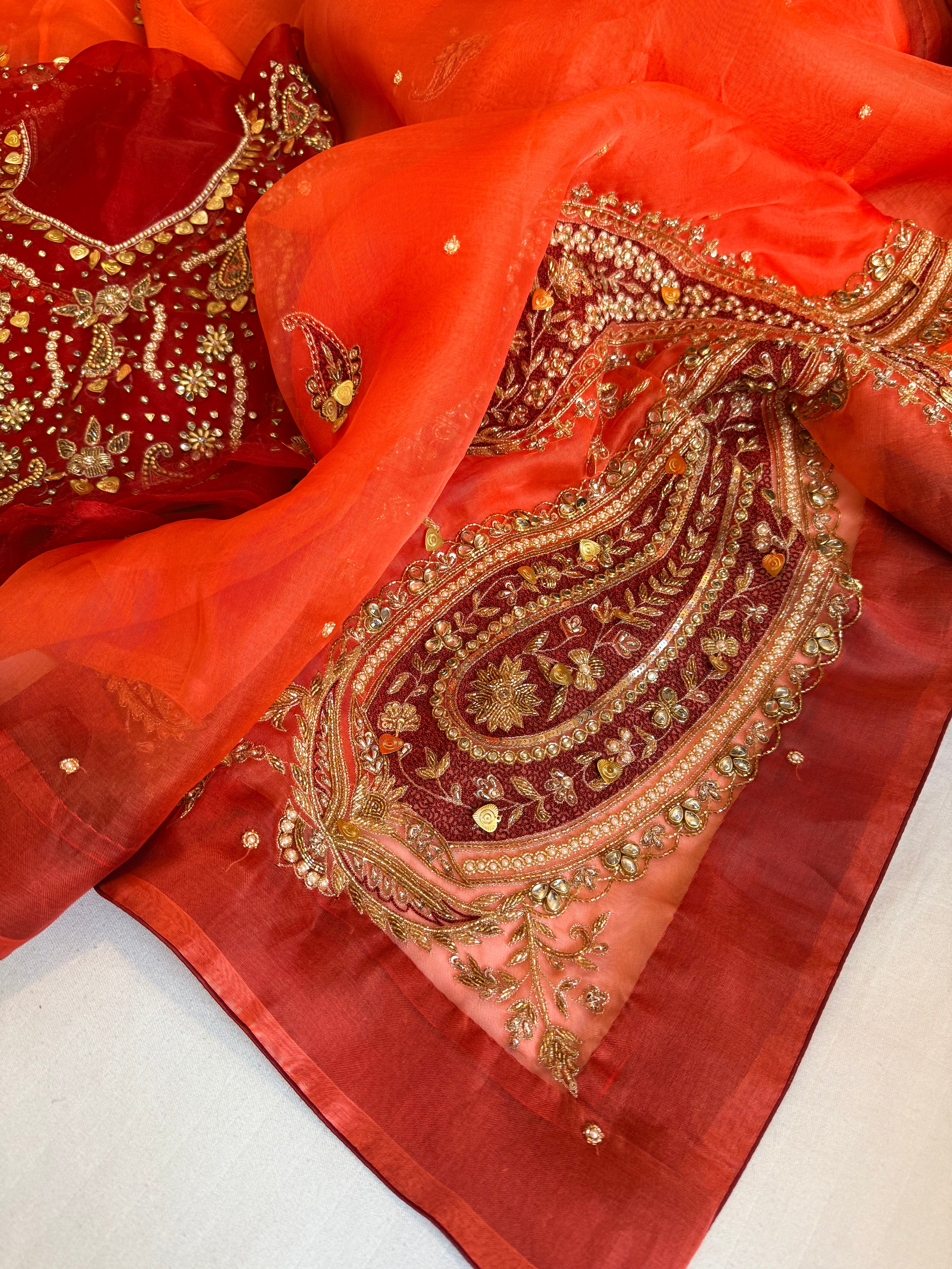 Traditional carry motif - Gajri and red combination kora silk hand embroidered saree