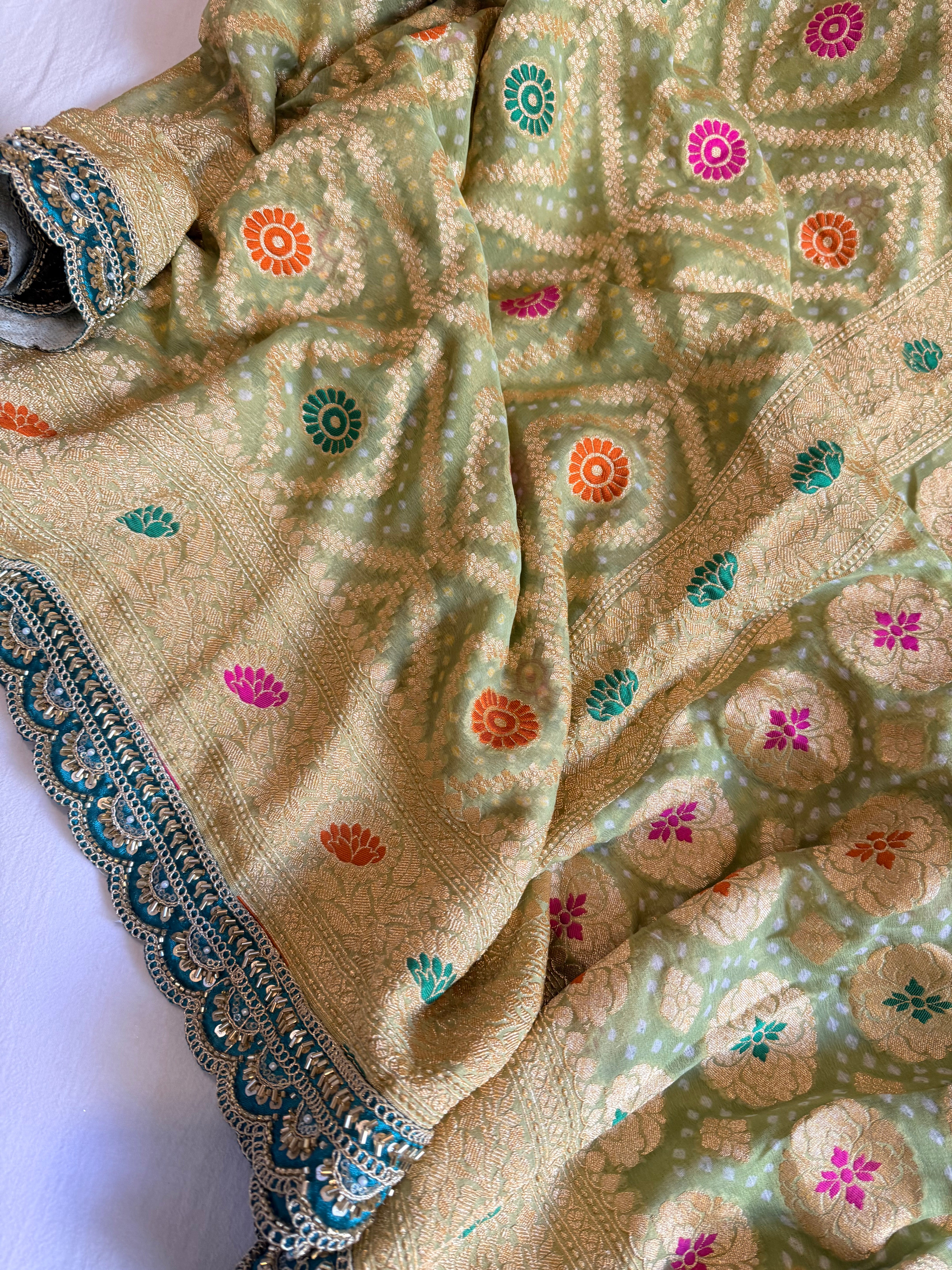 Banarasi blush shades of chiffon rai bandhej mirror work gotapatti saree