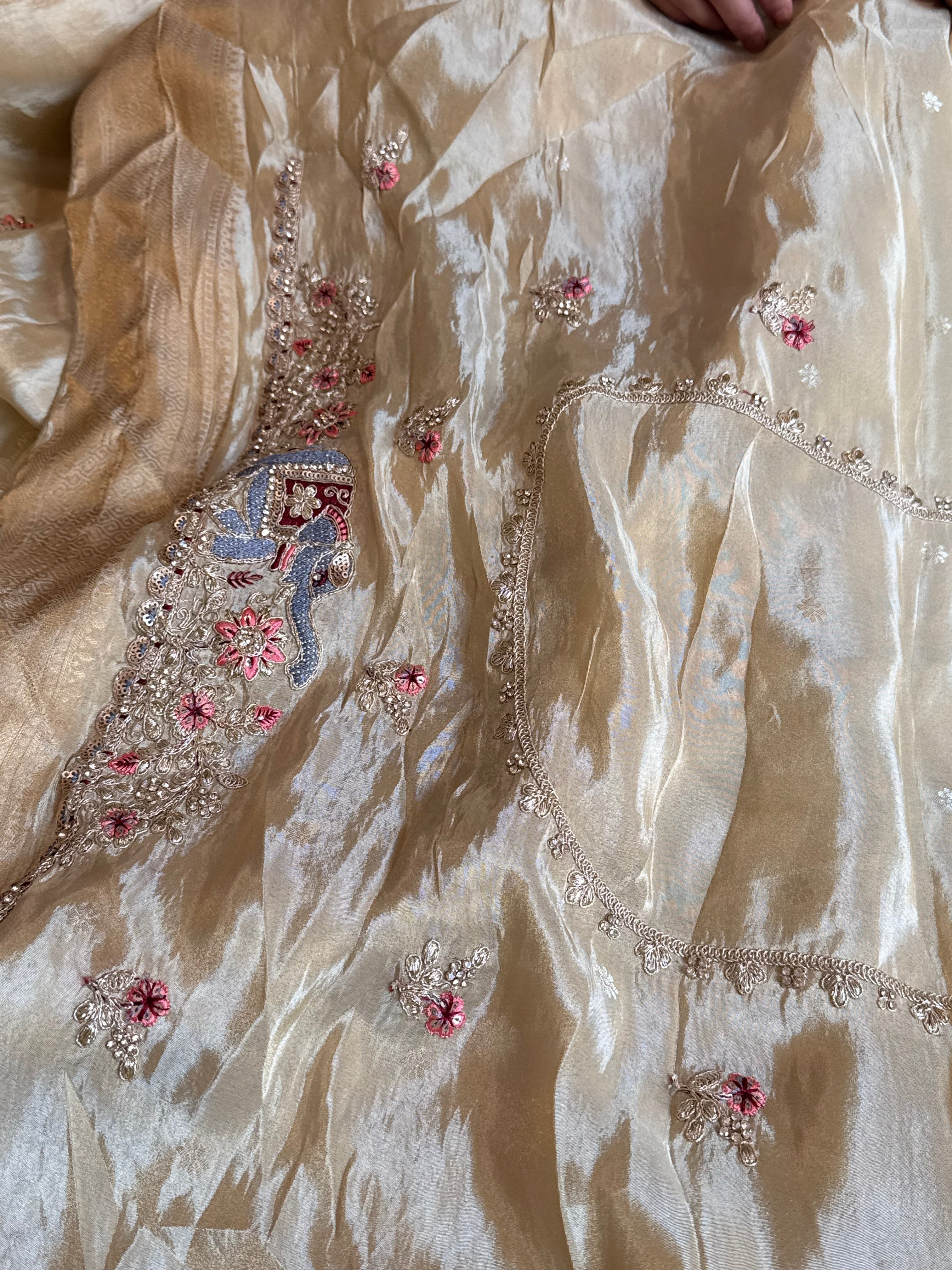 Champagne gold hathi wali crepe tissue embroidered saree