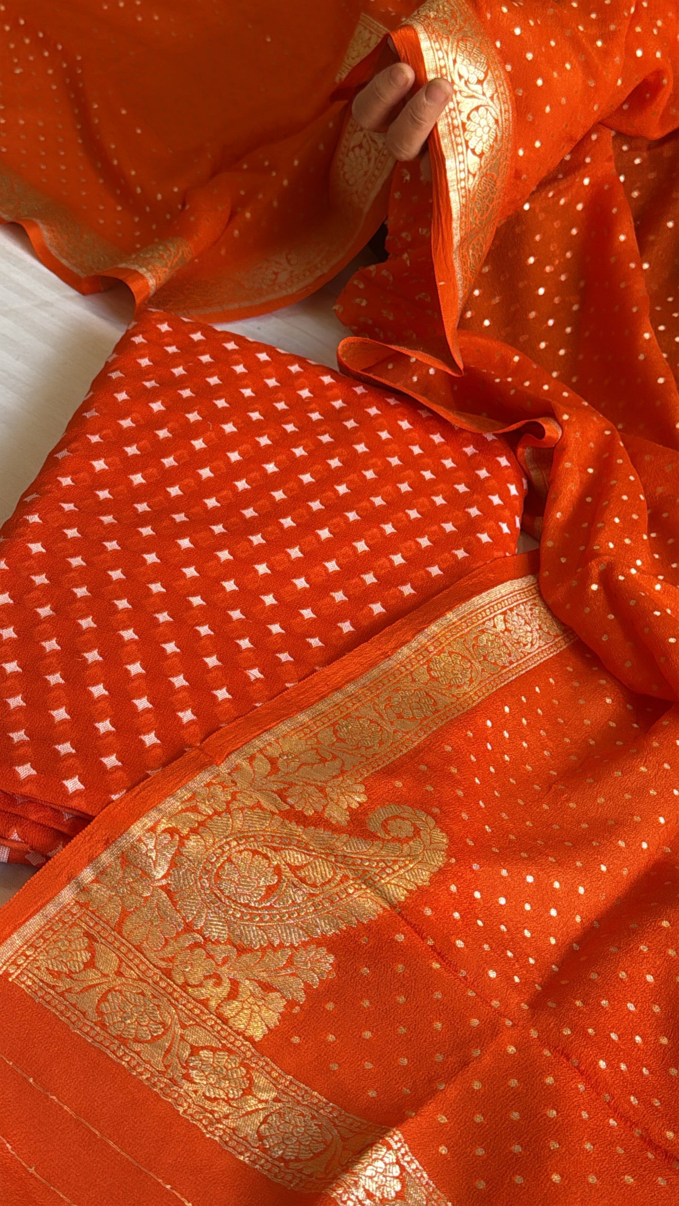 Vivah edit - Fanta orange chiffon gorgette chunri buti banarasi suit set