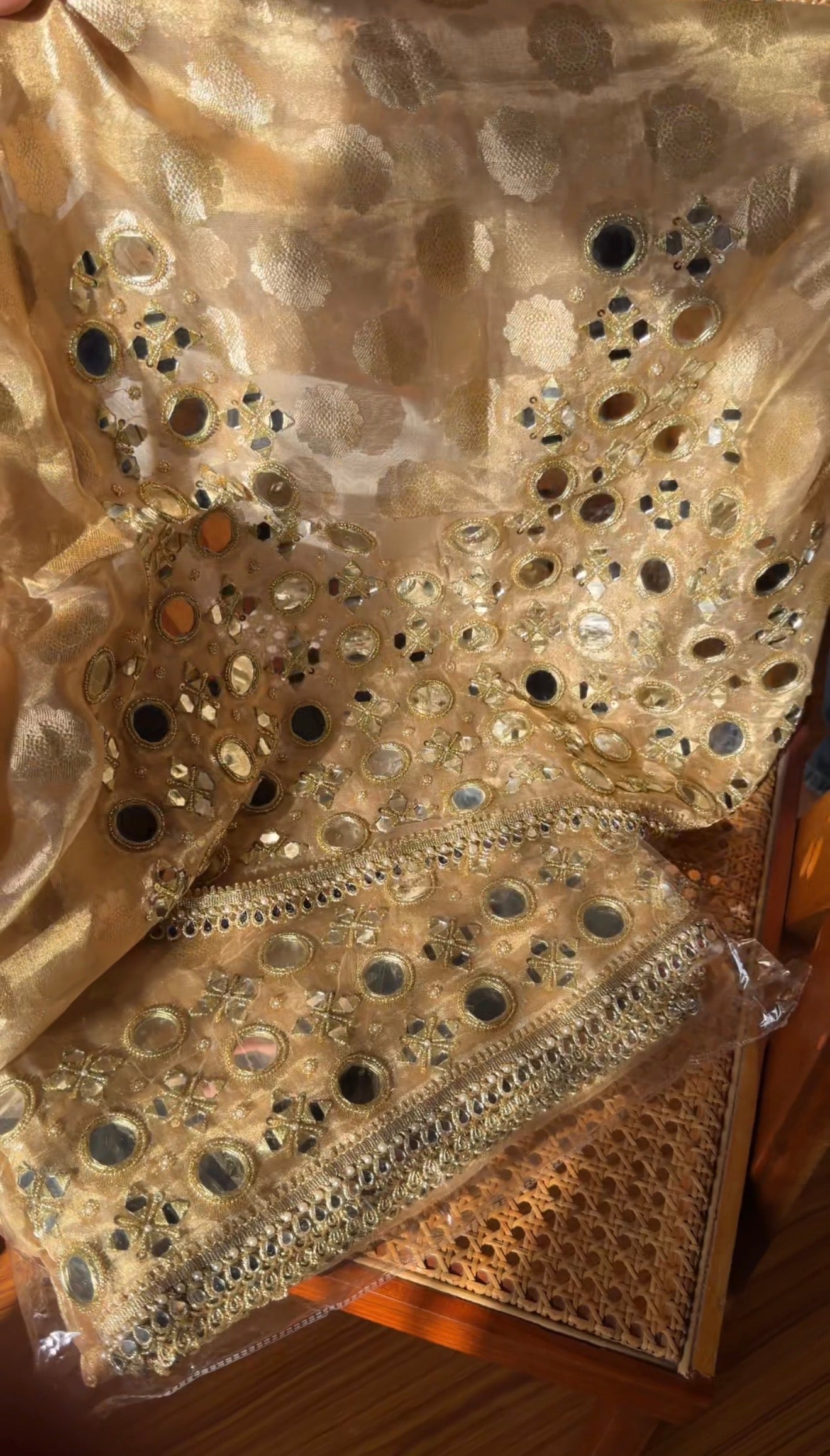 Butter gold kaanch wali mirrorwork hand embroidered tissue silk buti saree