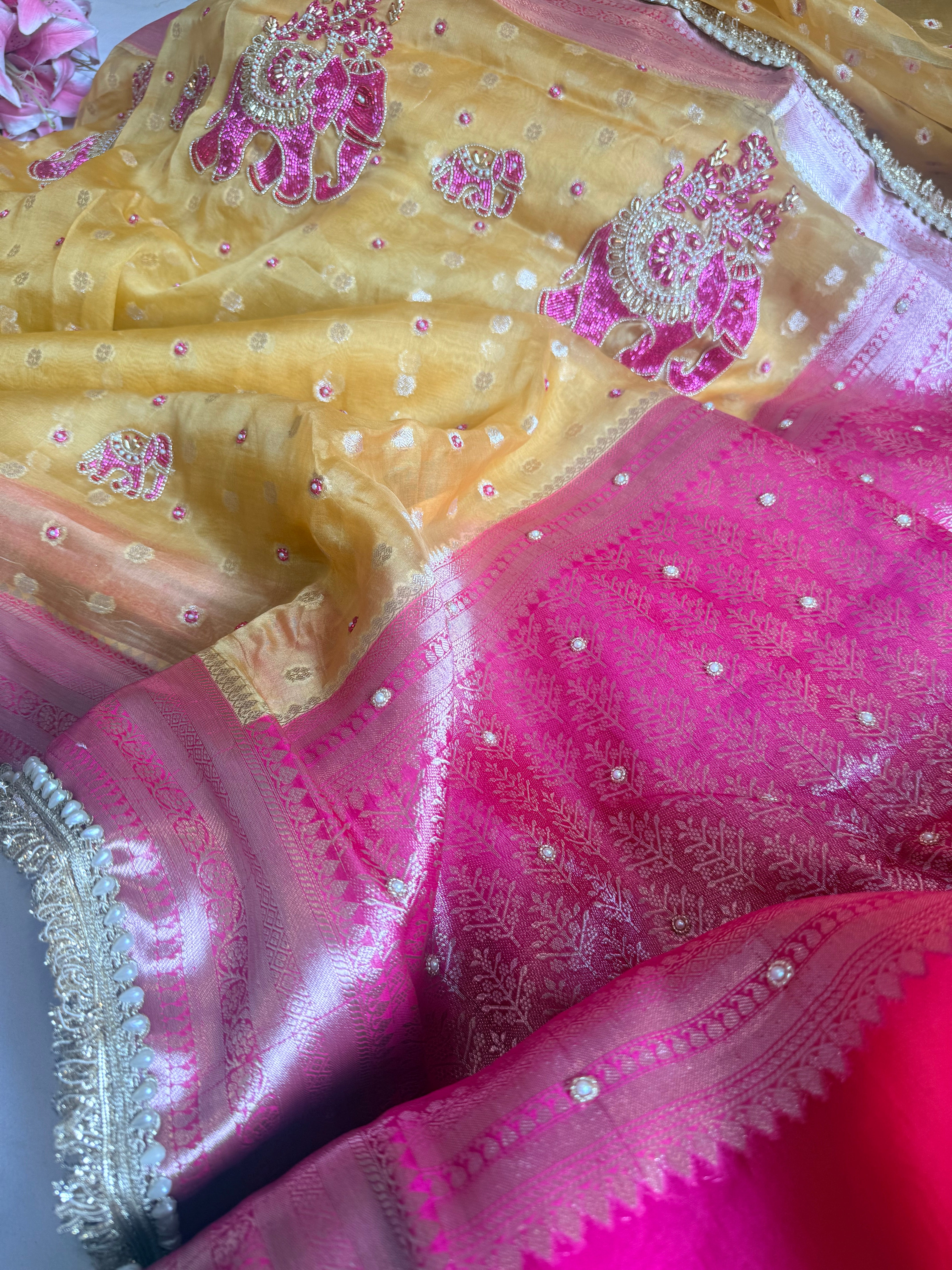 Gulabi meenakari hathi haldi yellow kora silk kadhwa buti hand embroidered saree