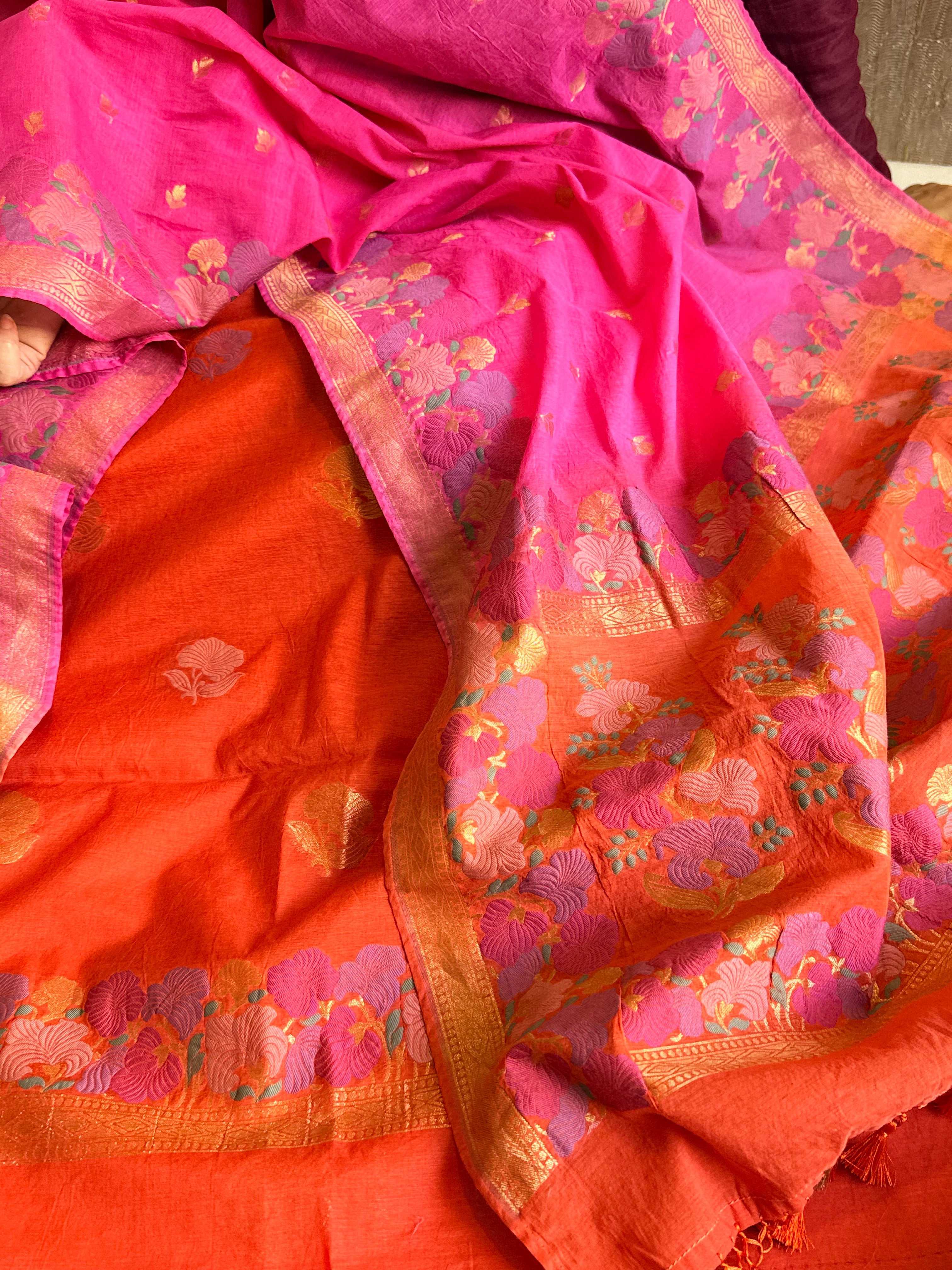 Mul cotton banarasi kadhwa buti hot pink - orange suit set