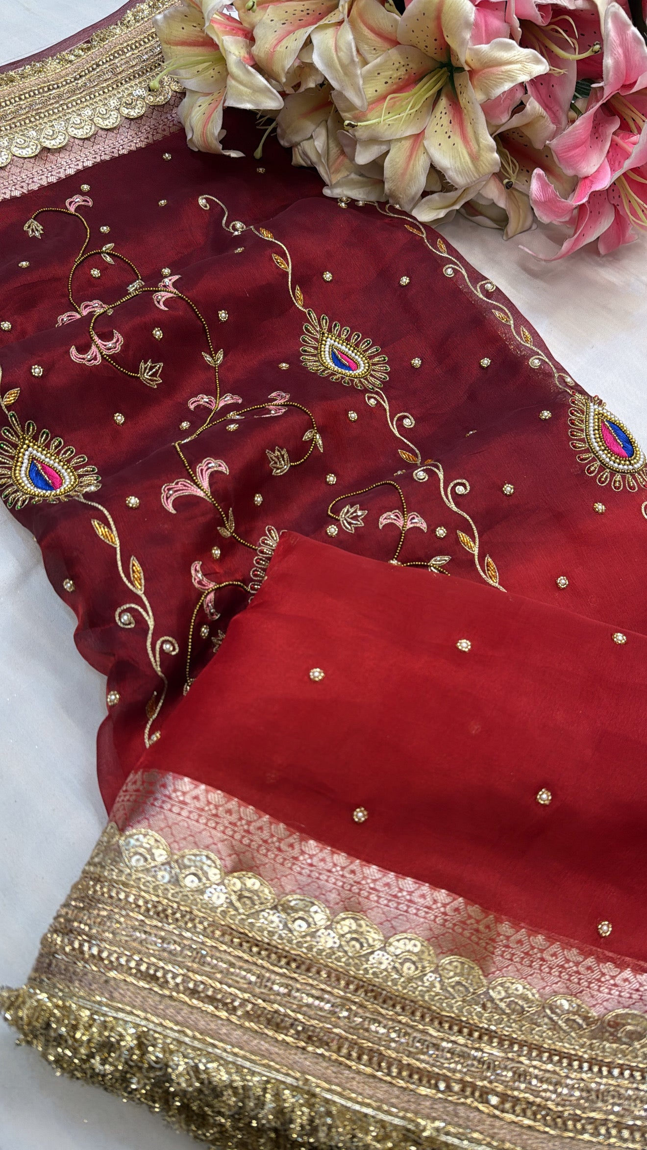 Blood red ombre shaded zardozi work tissue silk hand embroidered saree