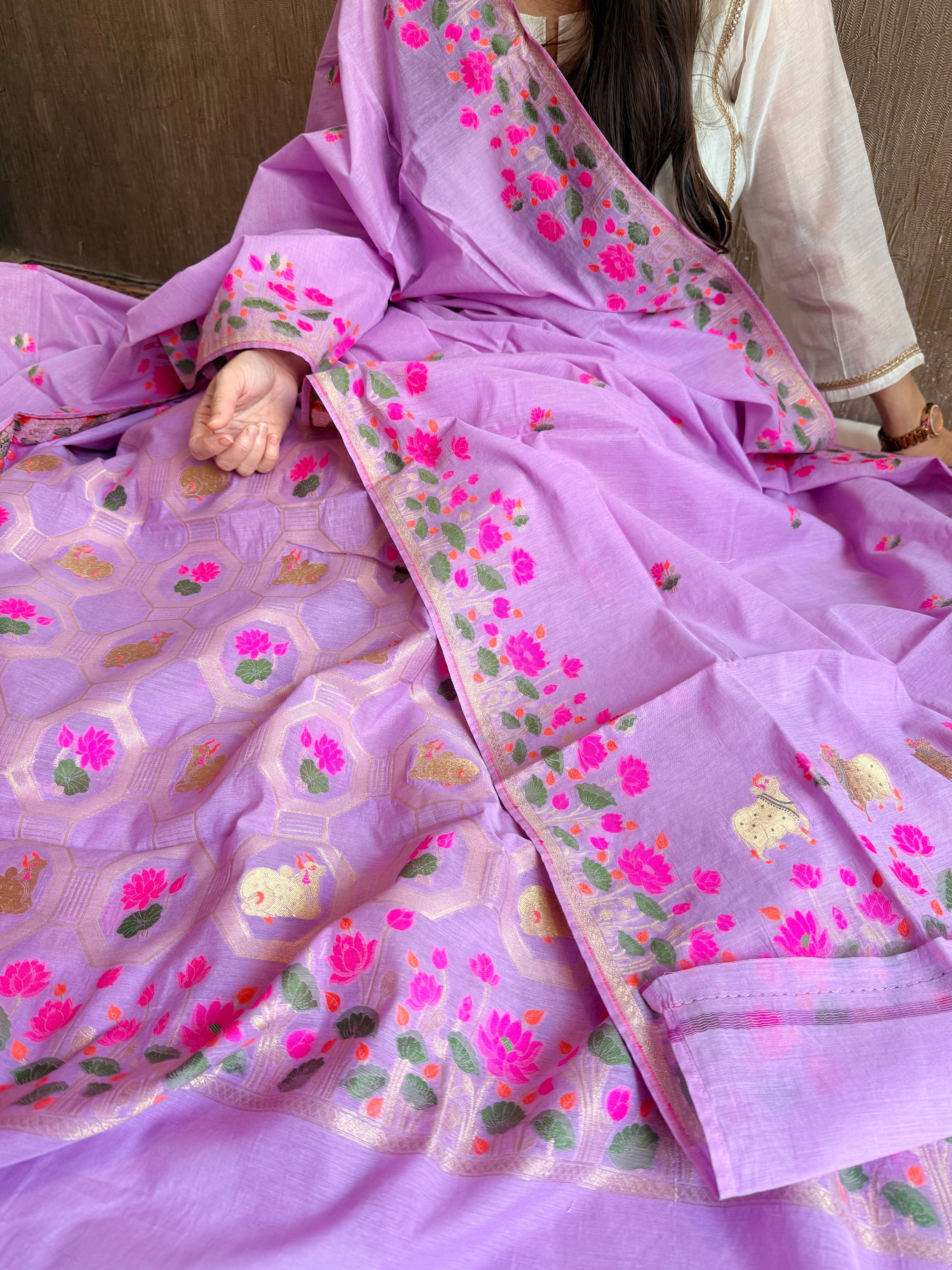 Mul cotton banarasi meenakari nandu motif suit sets