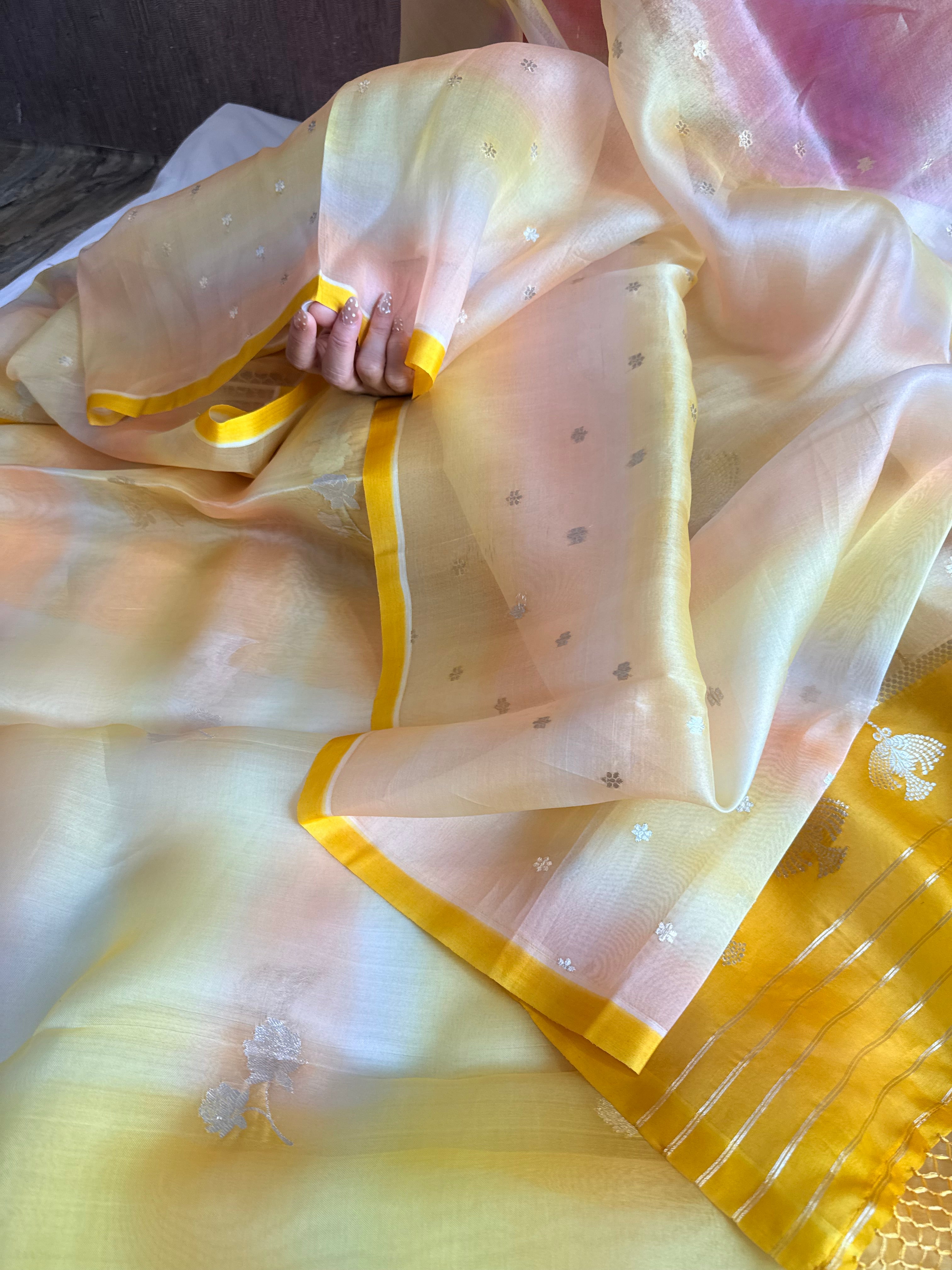 Pastel shaded kora silk rainbow dye kadhwa banarasi suit set