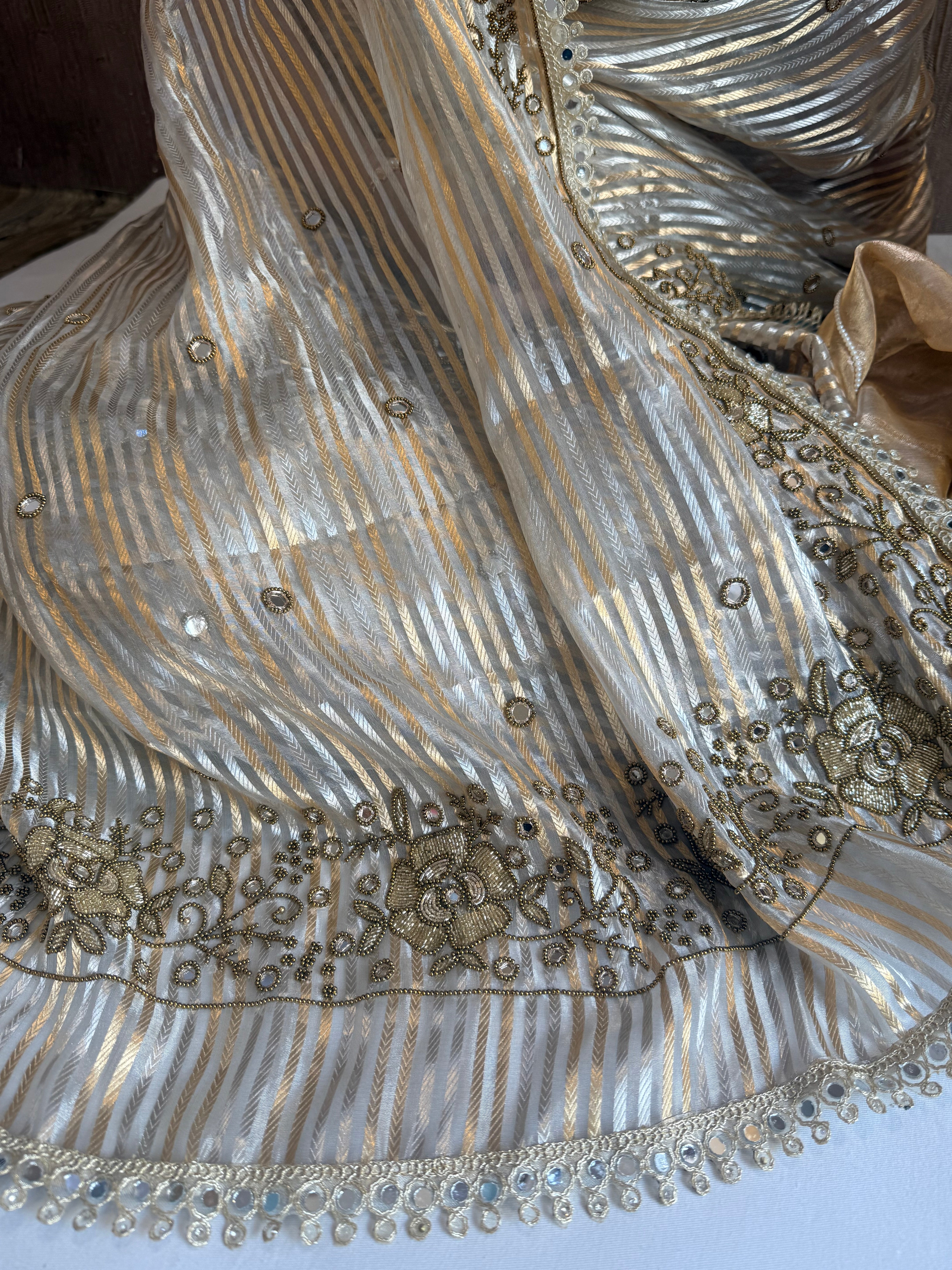 Butter gold sona rupa striped tissue silk hand embroidered saree