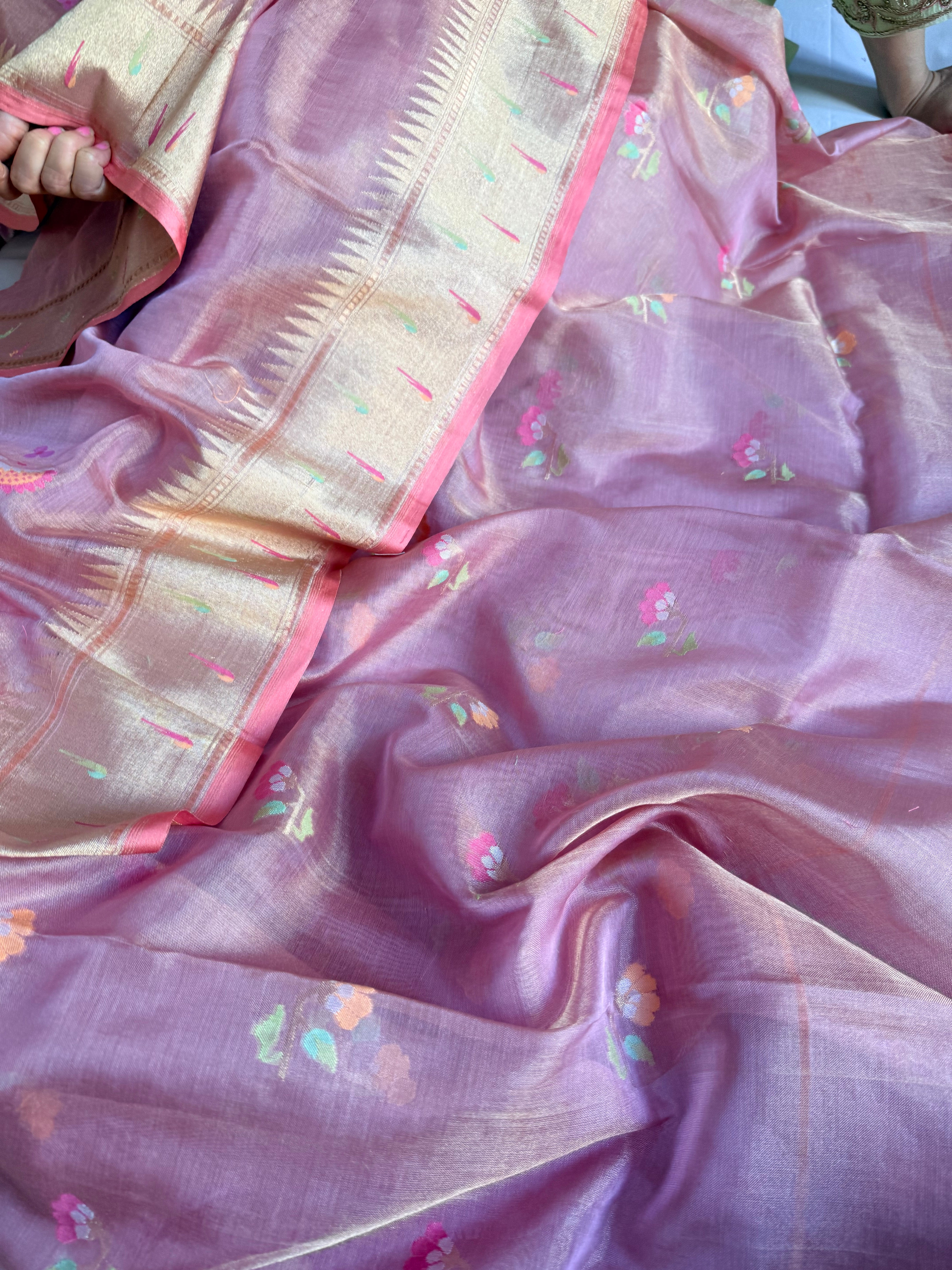 Pinkish peach green mul cotton tissue iktara jamdani paithani border suit set