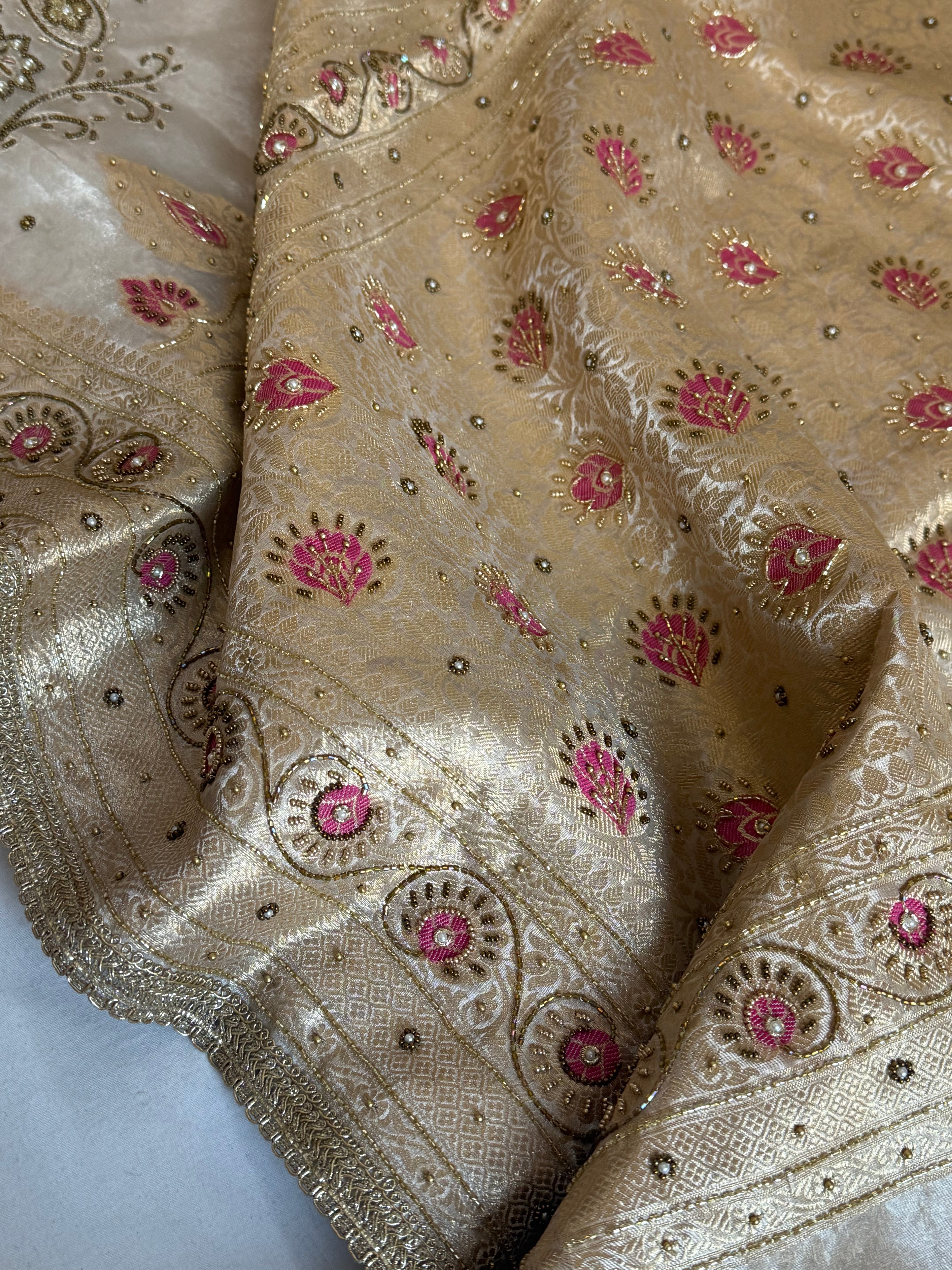Moonlight silver diamond tissue pink meenakari kadhwa hand embroidered saree