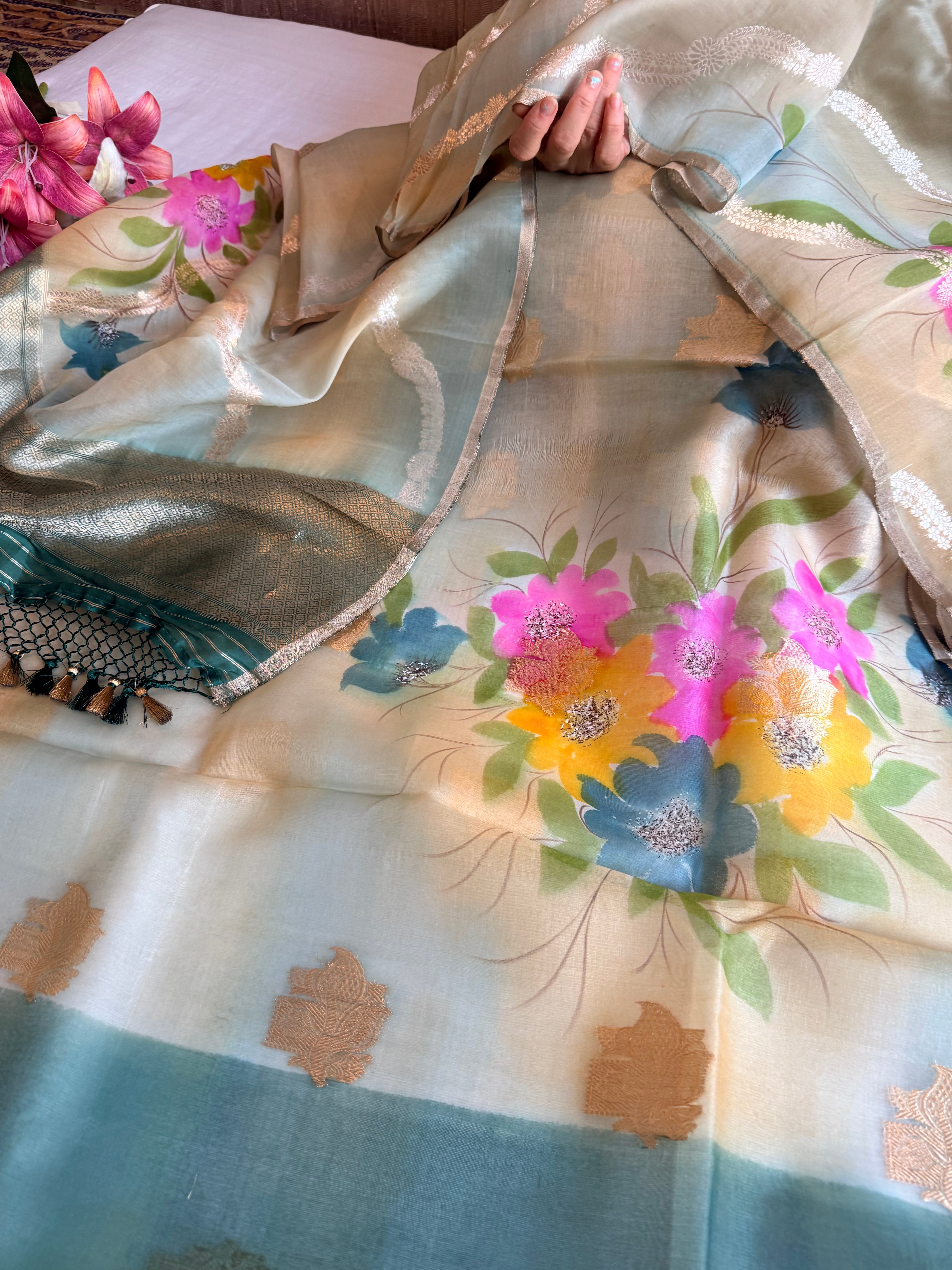 Rainbow dyed kora silk handpainted brush dyed banarasi suit sets