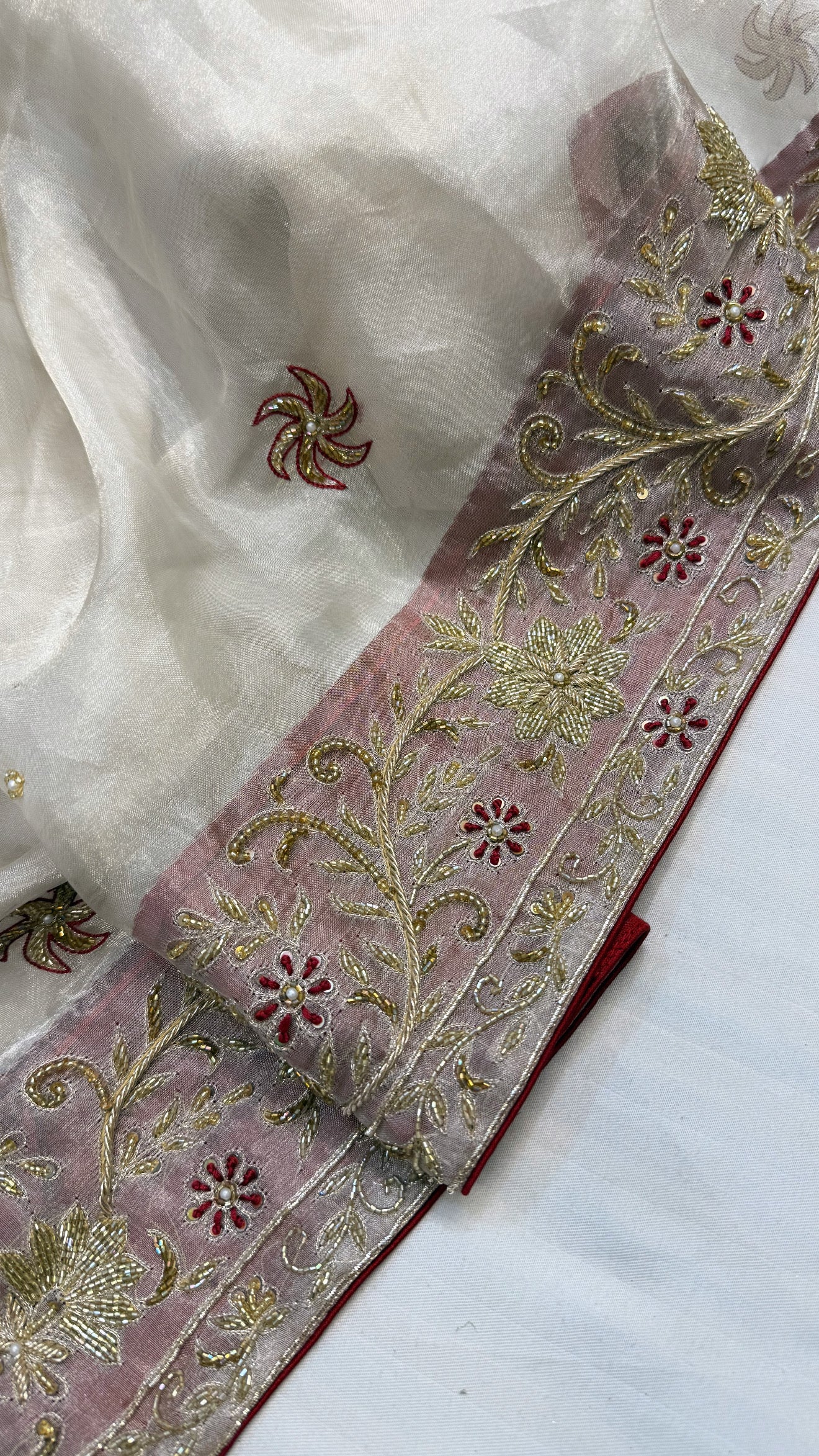 Gulab ki pankhuri husn tissue silk heavy zardozi hand embroidered border saree
