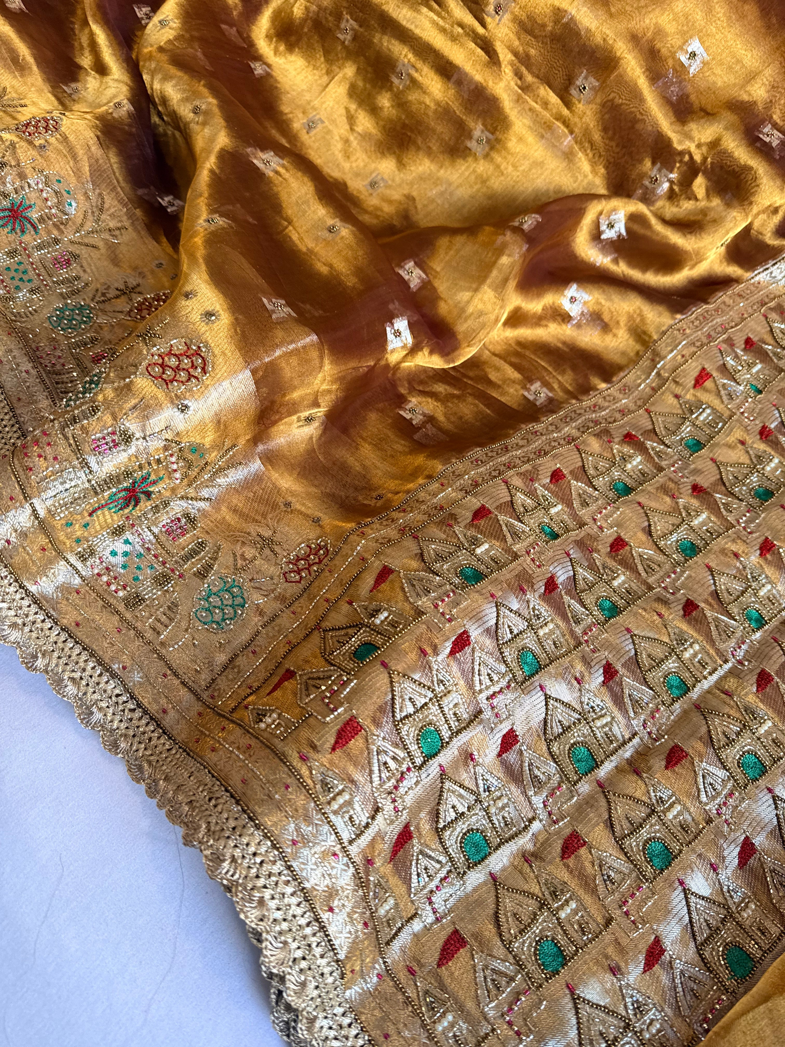 Ganga-darshan edit - Tissue silk kanjivaram bronze gold hand embroidered kadhwa saree
