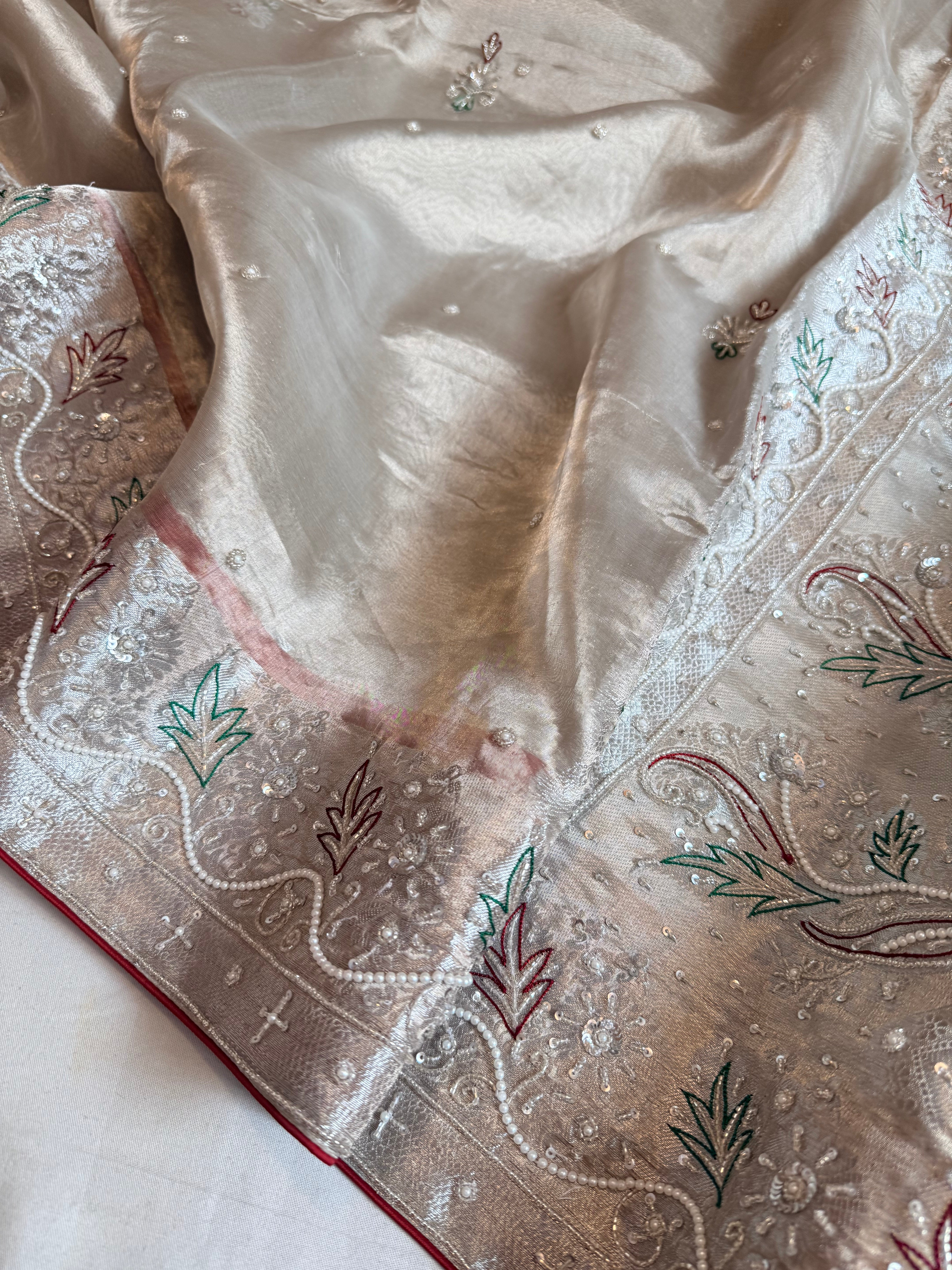 Dulhan wali saree edit silver tissue silk hand embroidered saree