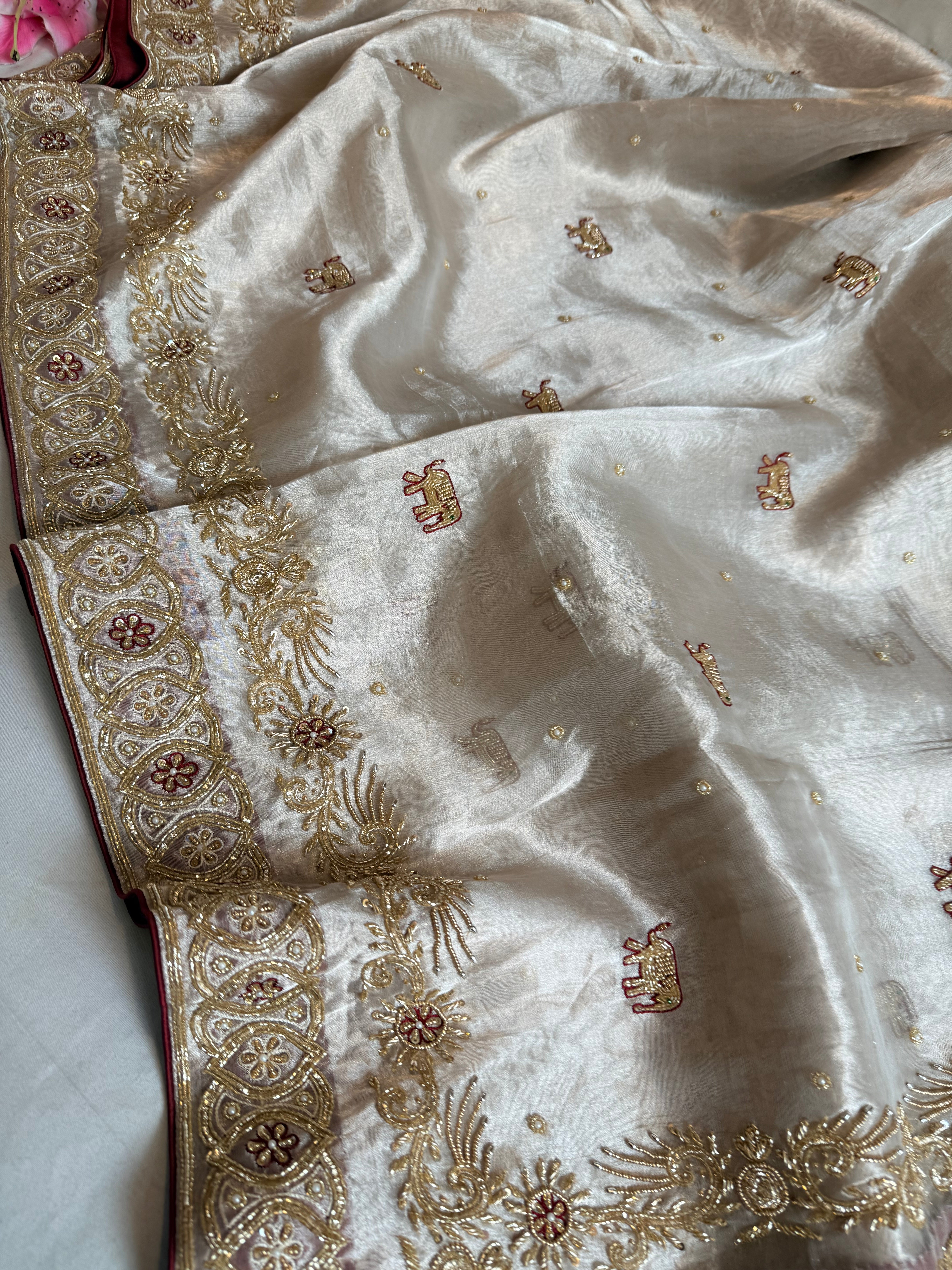 Dulhan wali saree edit diamond tissue silk hand embroidered saree