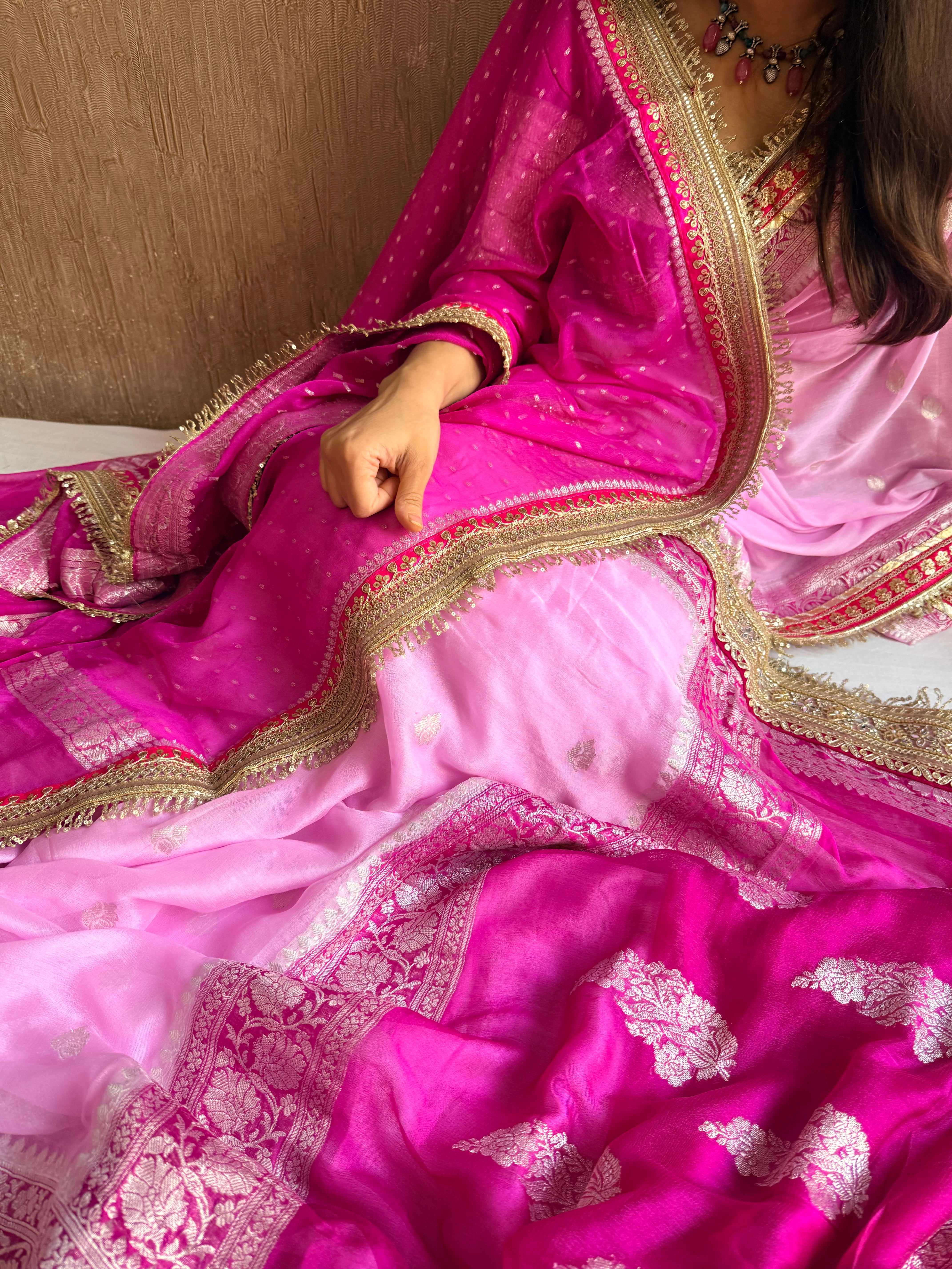 Sridevi edit - Chiffon banarasi gorgette chap dye kadhwa saree duppata set