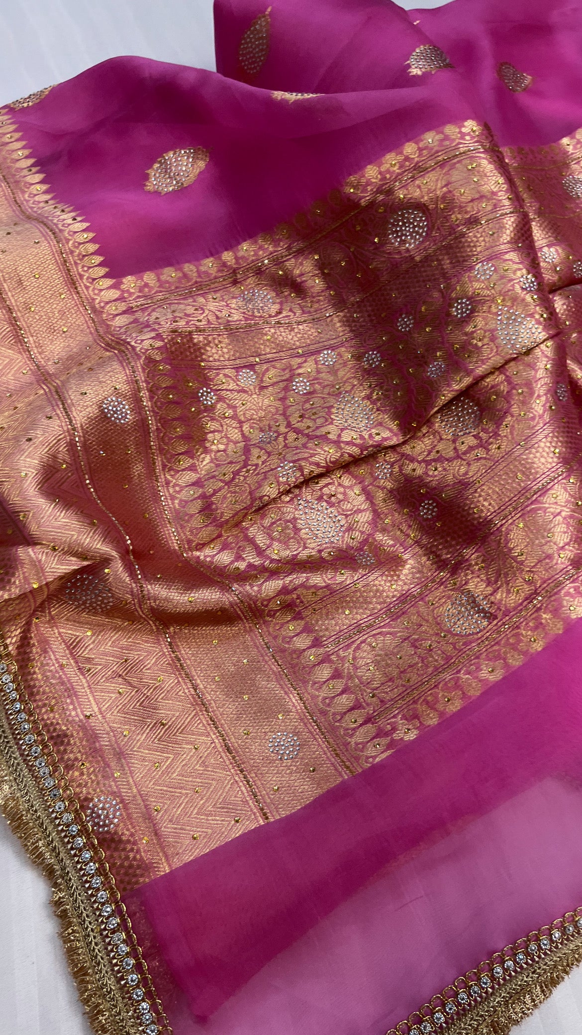 Cherry pink sitara kora silk stonework saree