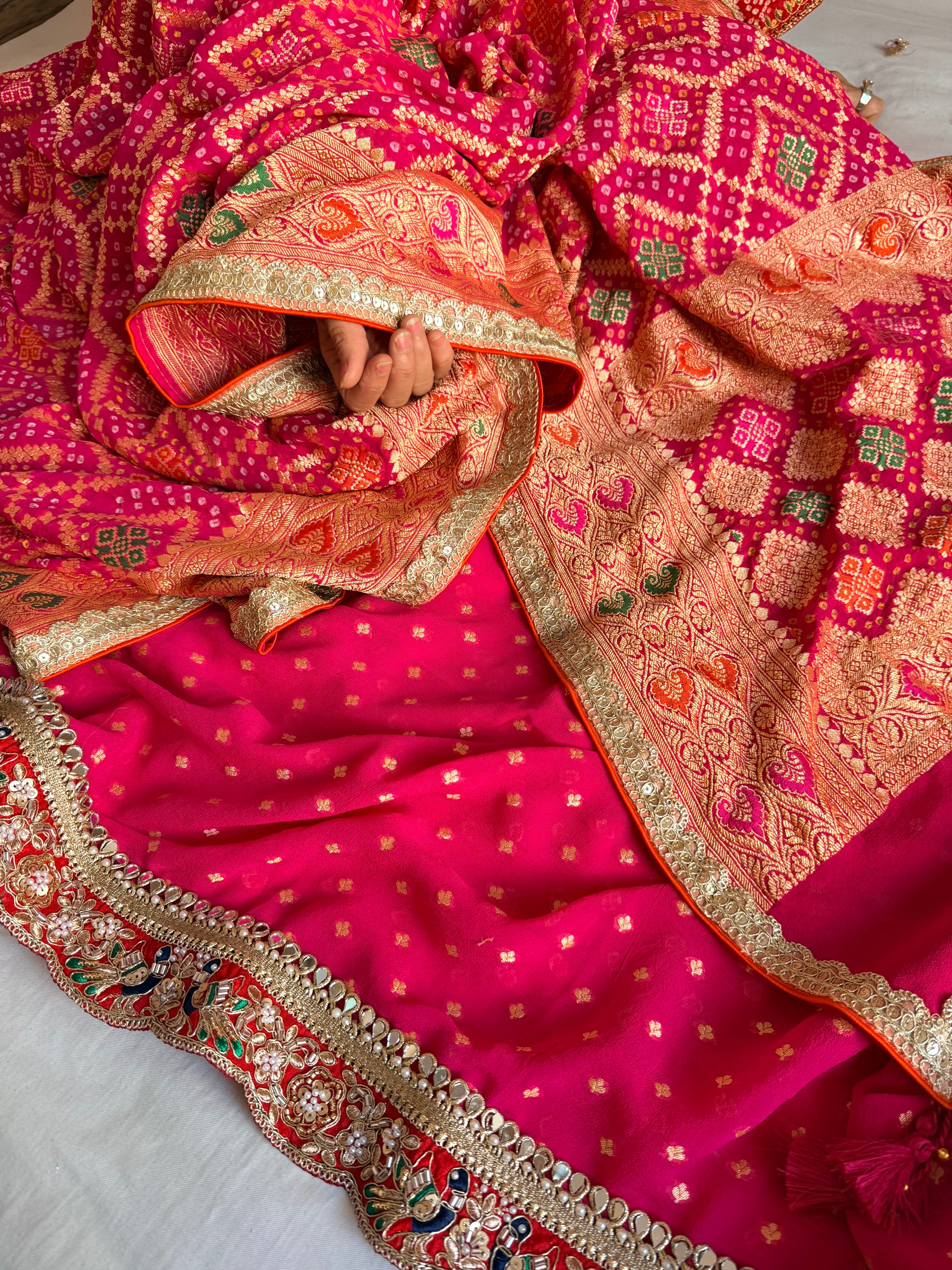 Rai bandhej red banarasi chiffon gorgette gotapatti suits