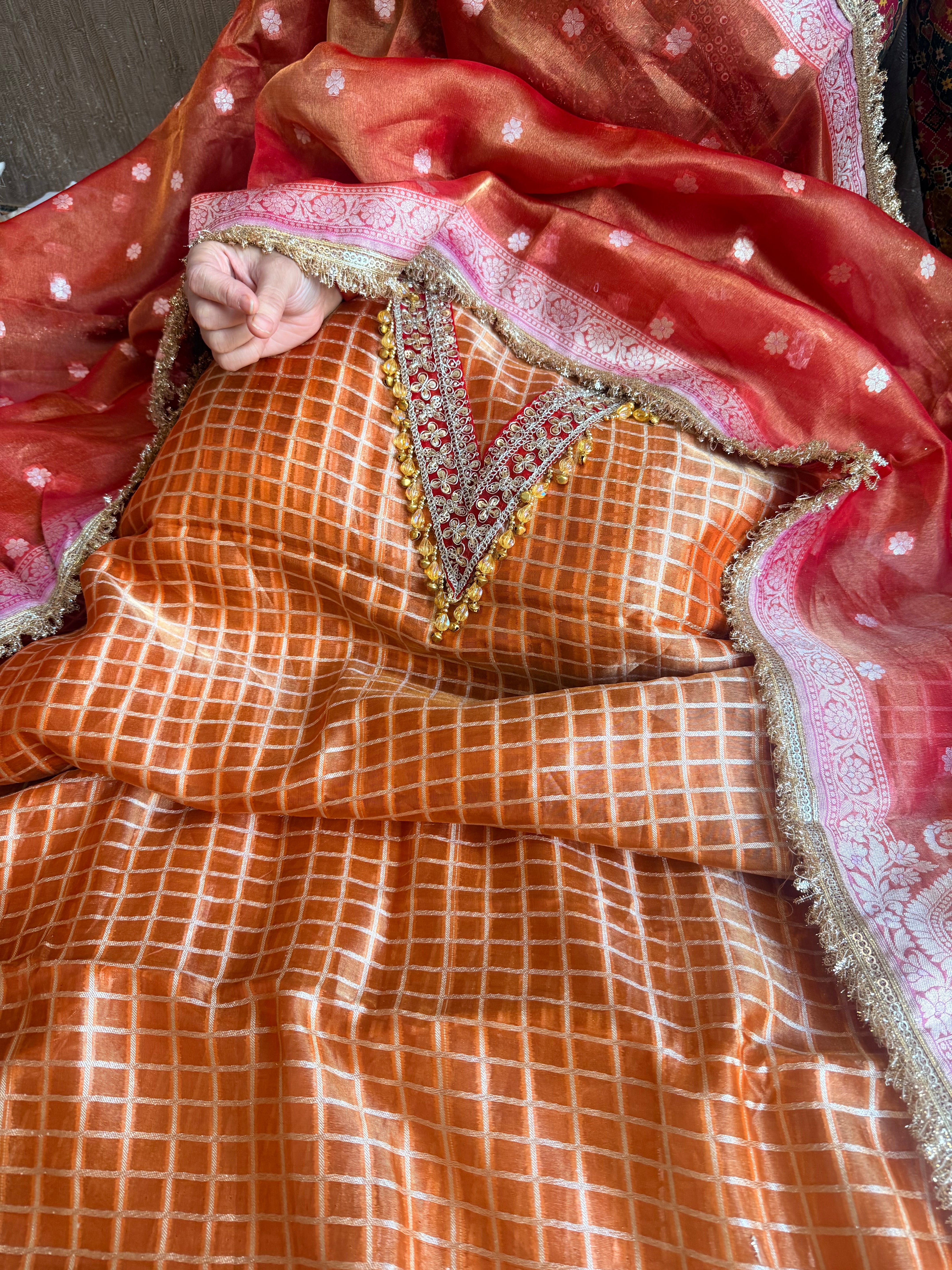 Banarasi tissue silk lampiwork chap dye hand embroidered embellished suit set