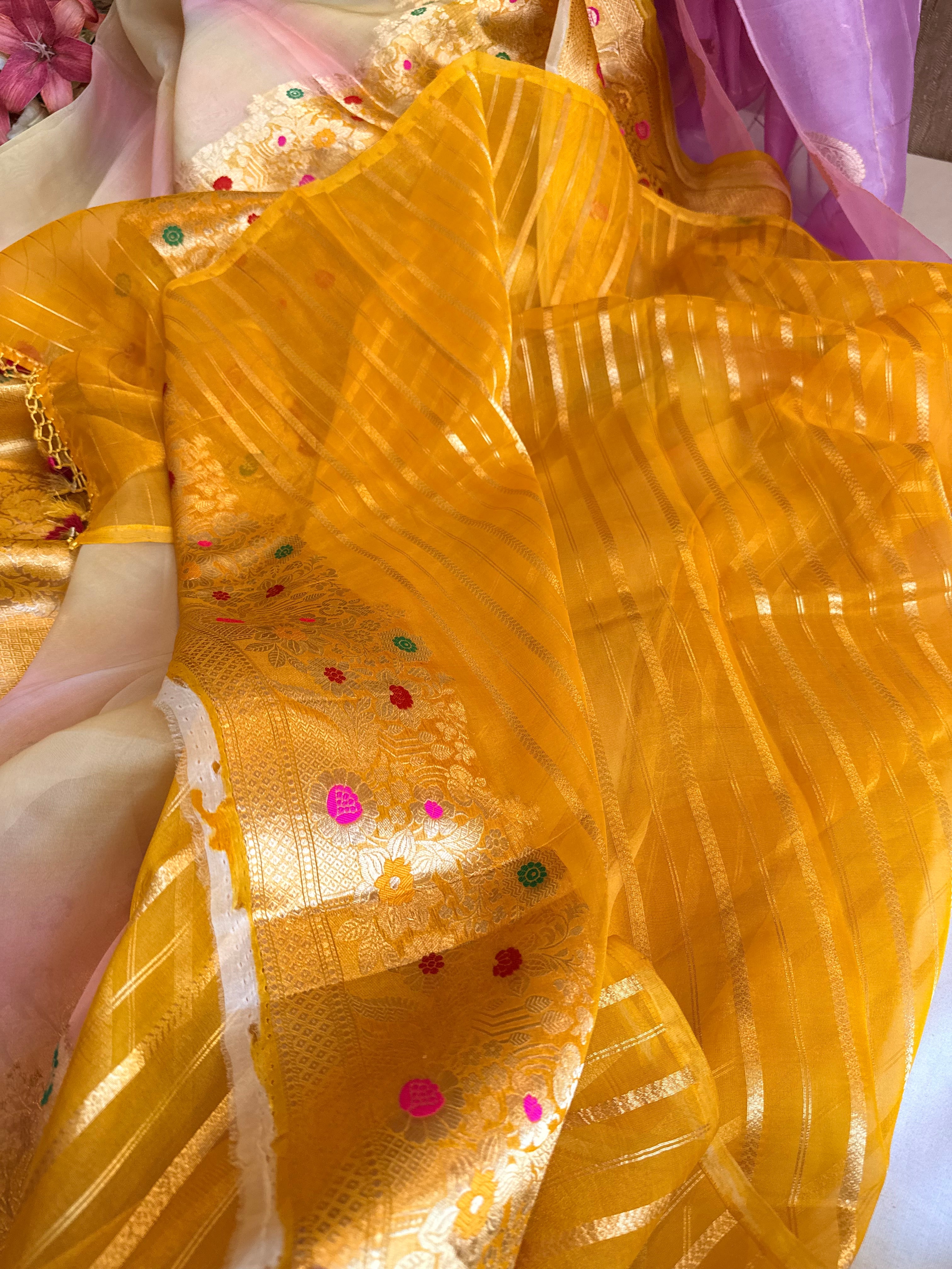 Rainbow dyed kora silk shaded kadhwa meenakari saree