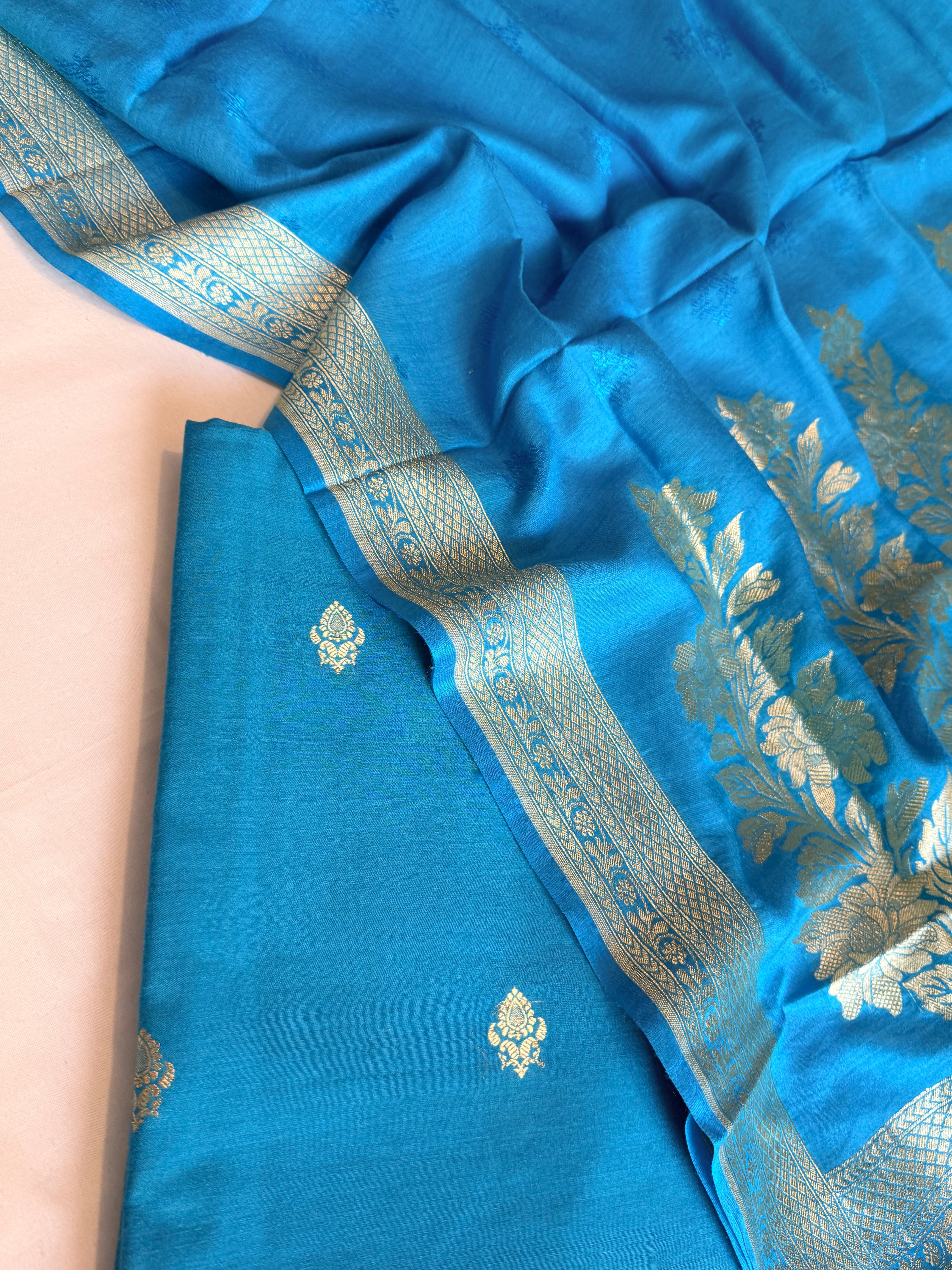Moonga silk sea blue kadhwa jungla duppata suit set