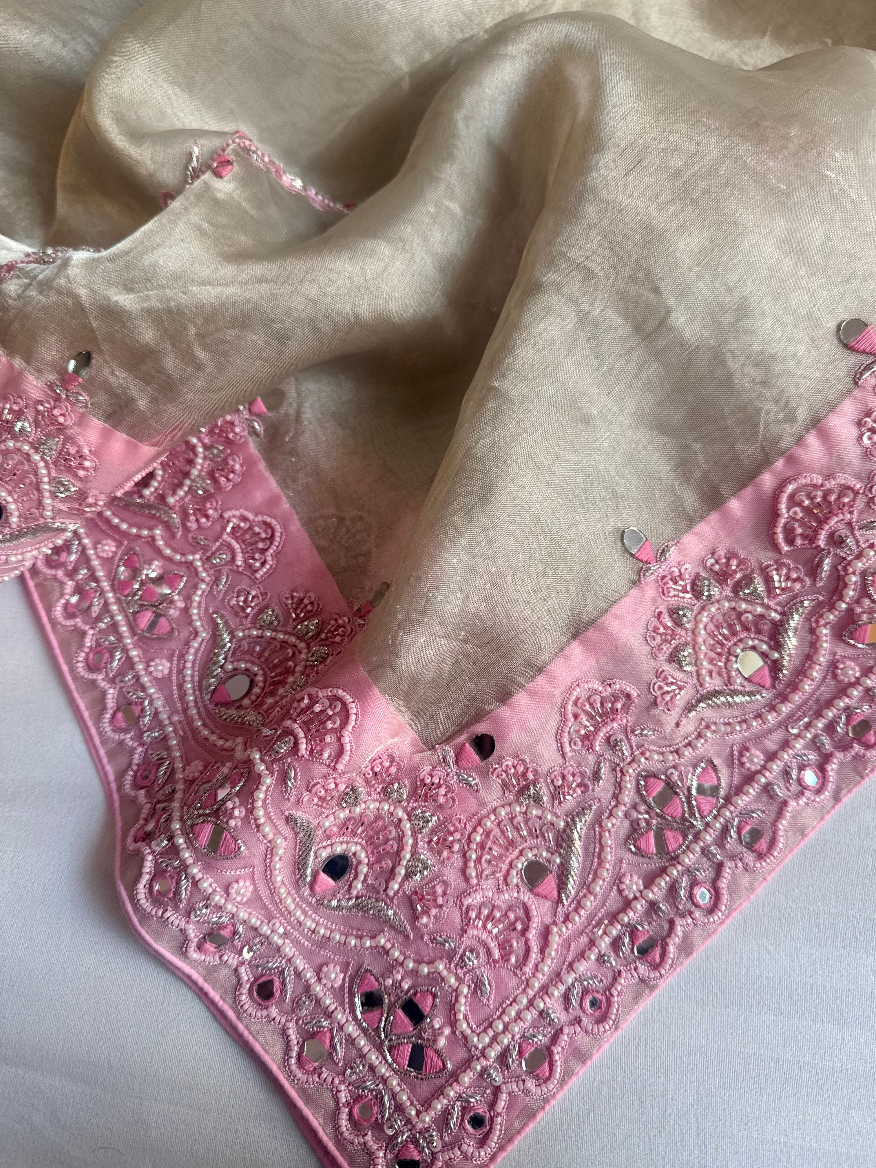 Silsila edit pink hand embroidered gulabi diamond tissue saree
