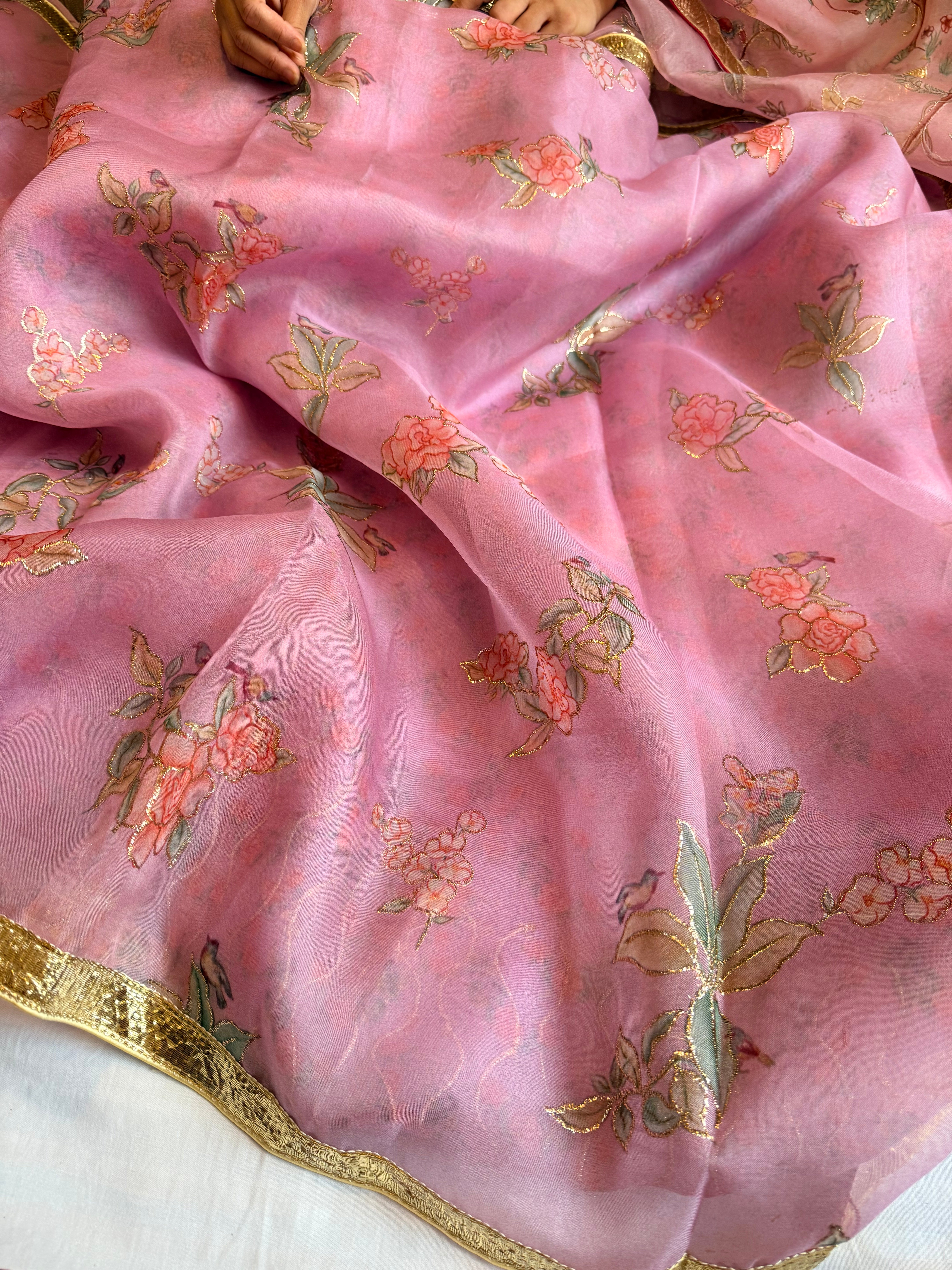 Kora silk printed lampi gotapatti hand embroidered saree