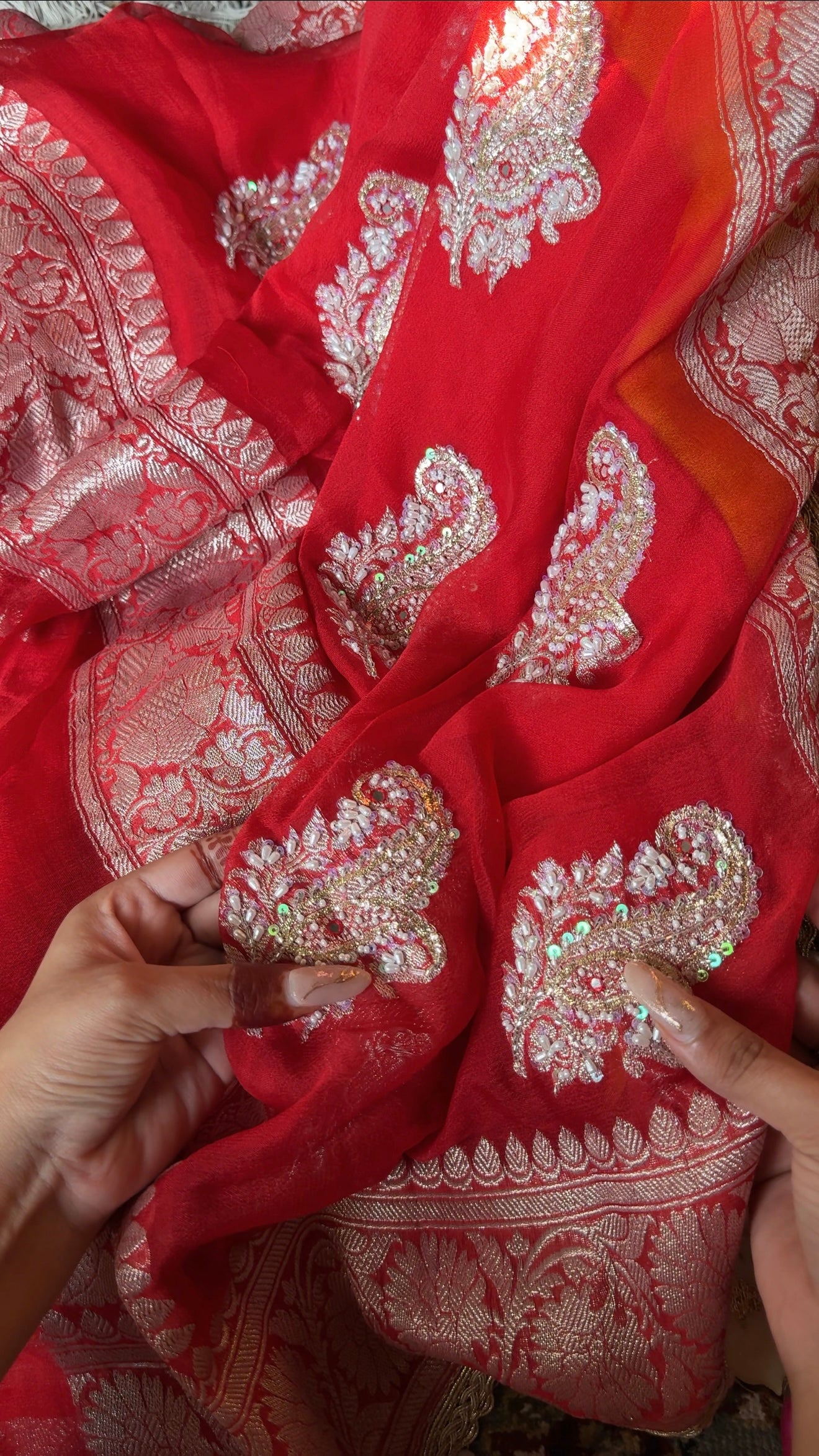 Poonam inspired muhdikhai wali chiffon gorgette banarasi hand embroidered saree