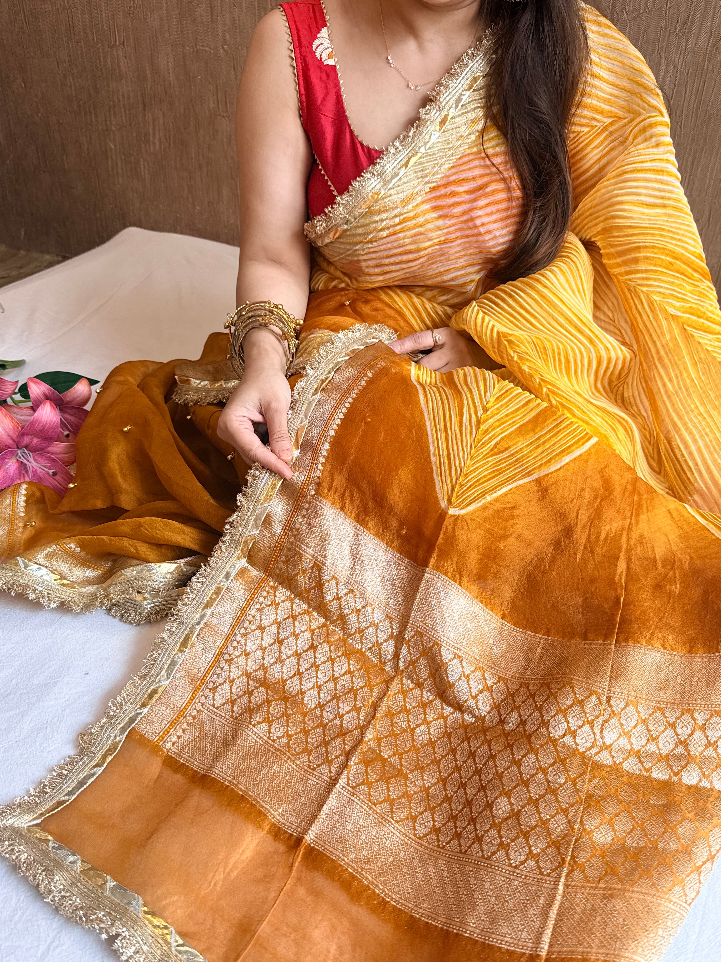 Arshi dye ghungro work kora silk banarasi kadhwa weaving saree