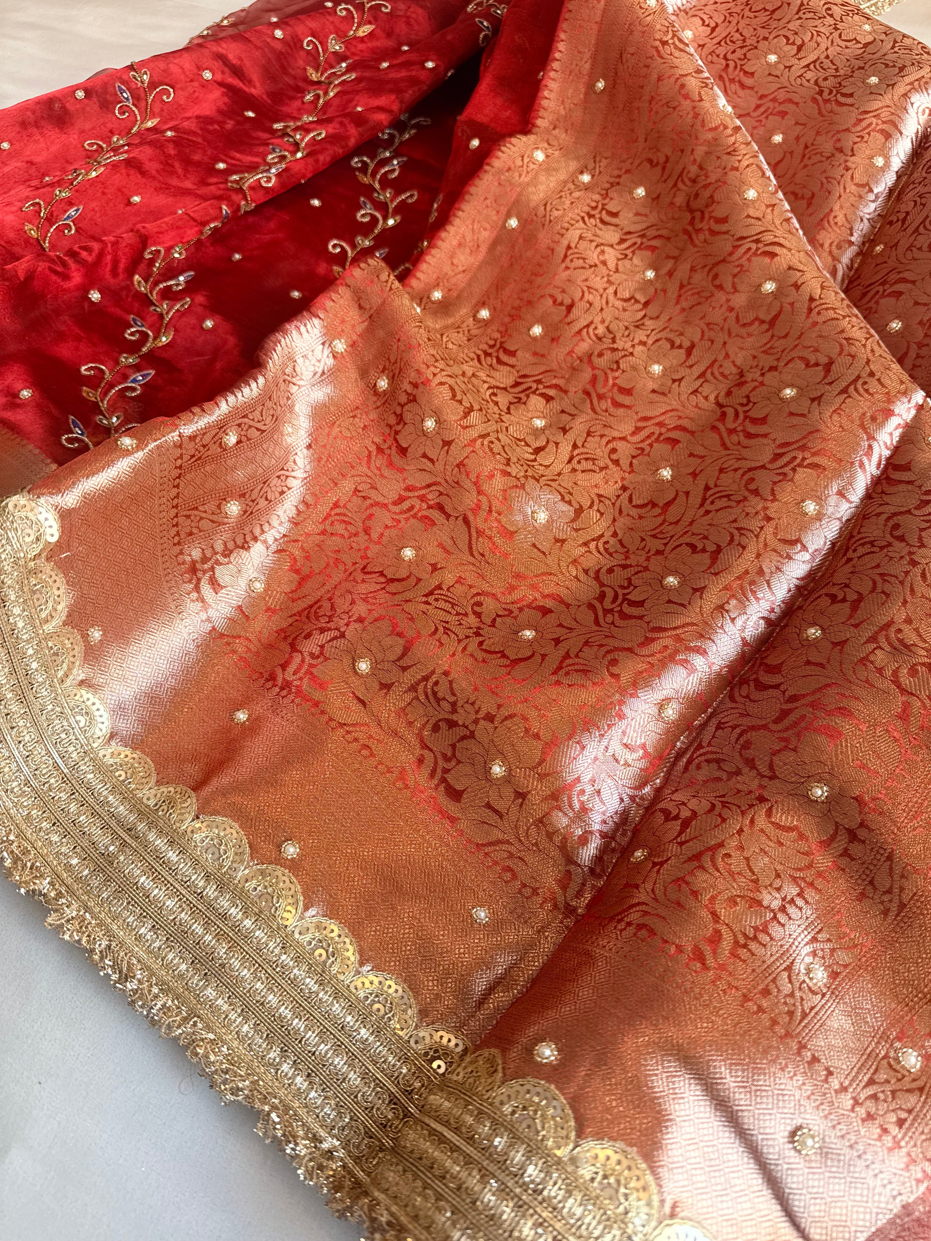Maharani chand buta kadhwa tissue silk hand embroidered saree duppata set