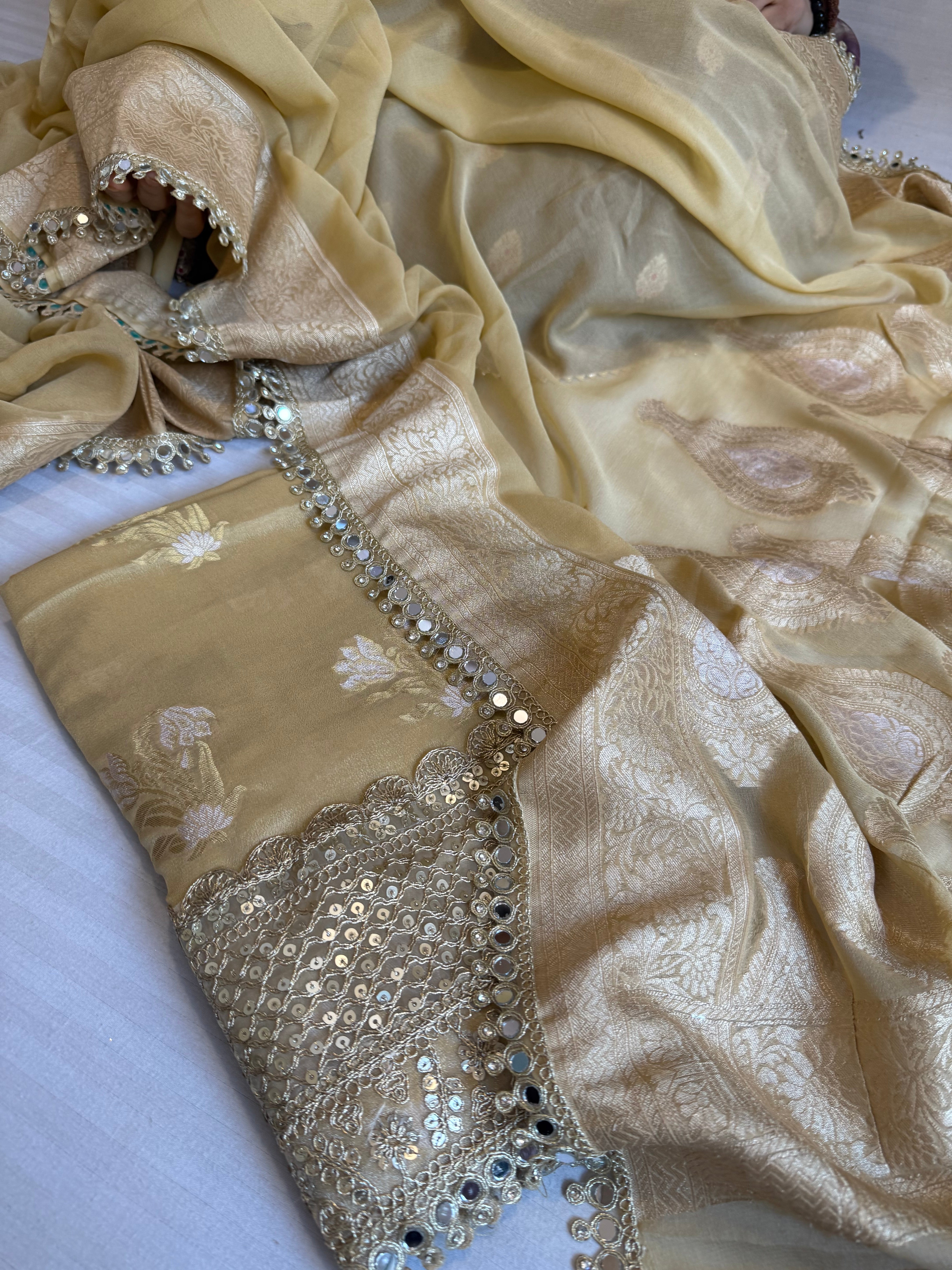 Banarasi dusty gold gorgette mirror work gotapatti suit set