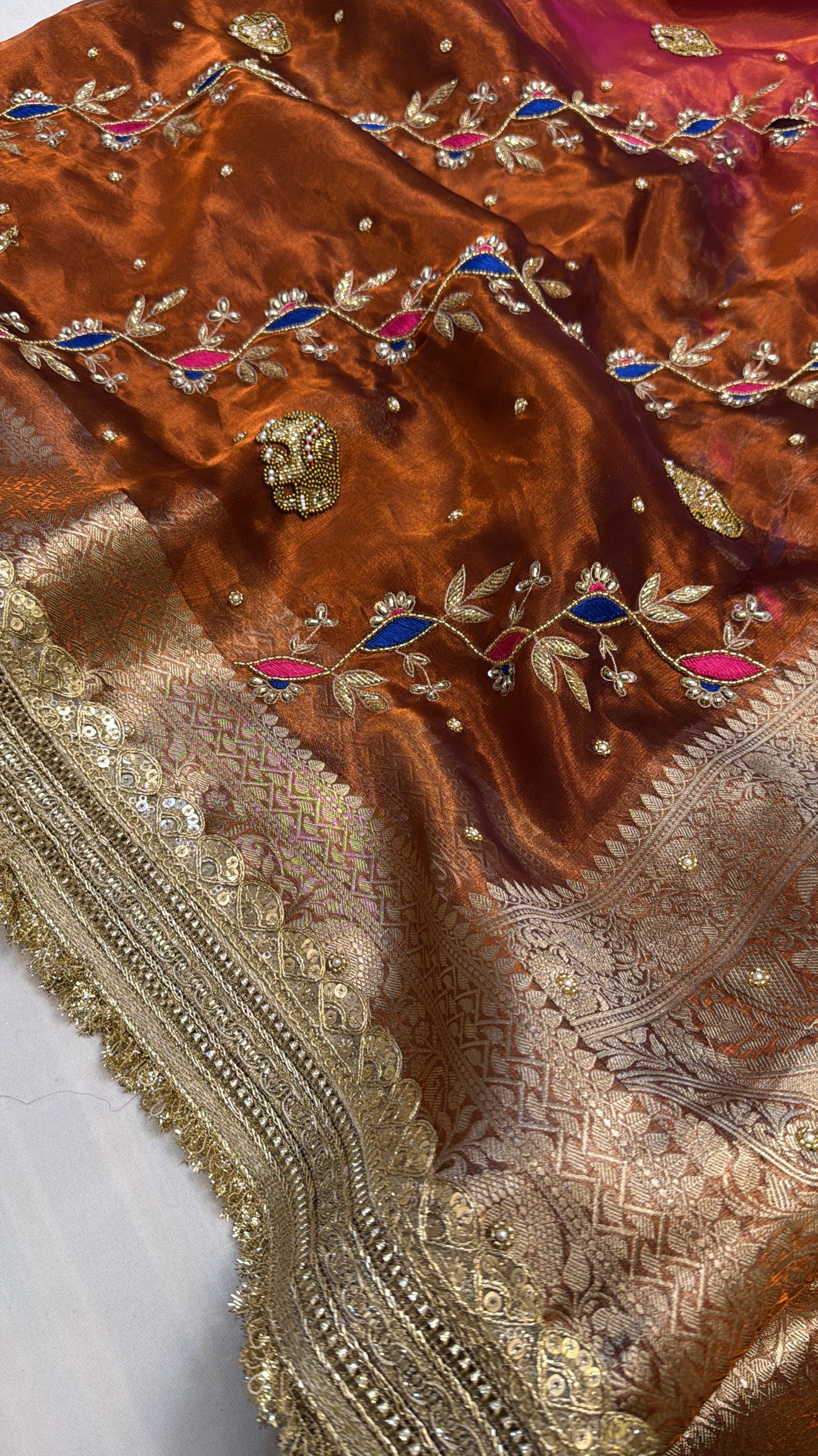 Bronze brown - pink ombre shaded elephant motif hand embroidered tissue silk saree