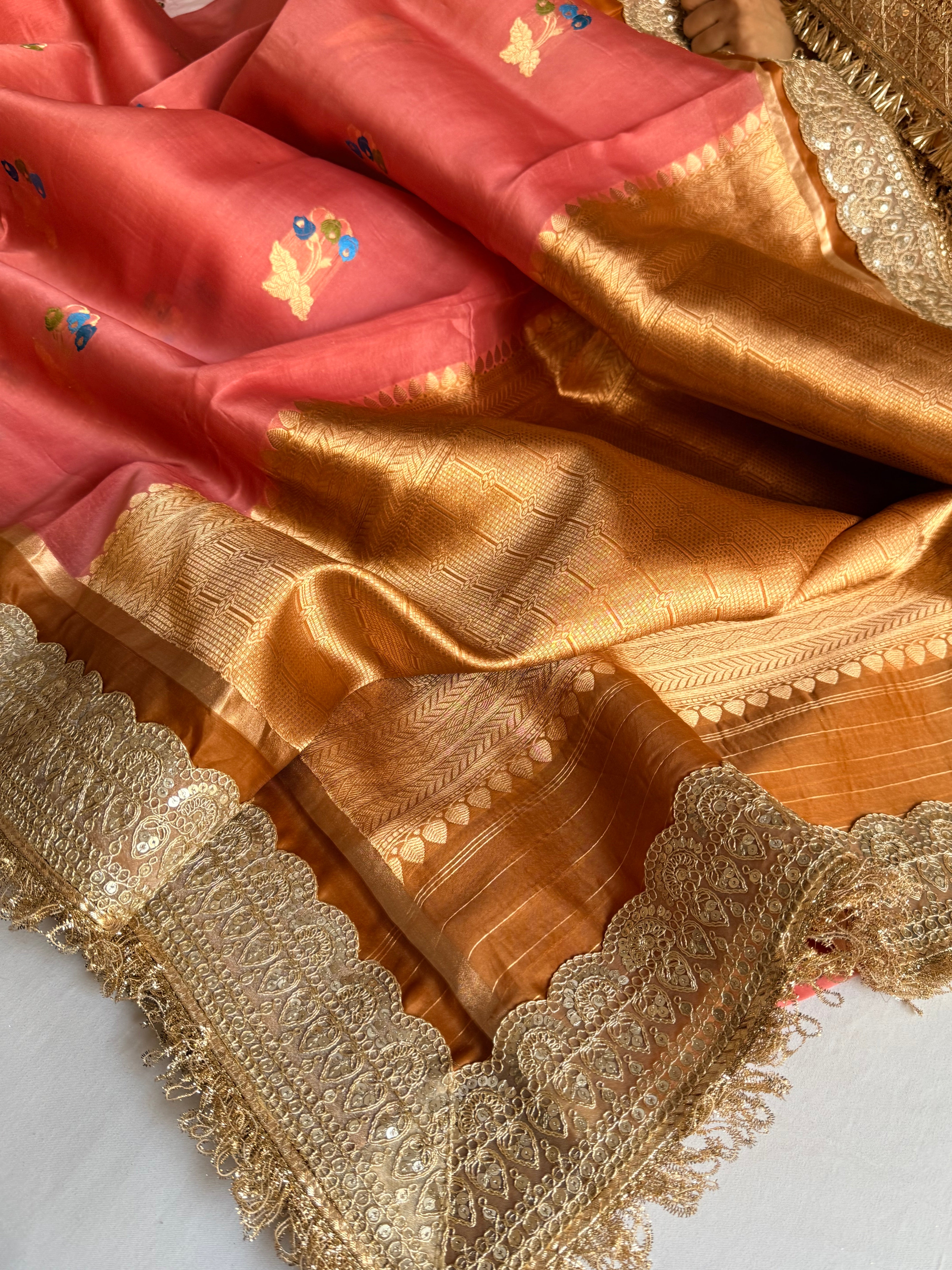 Banarasi leela brick peach-orange kora silk kadhwa saree
