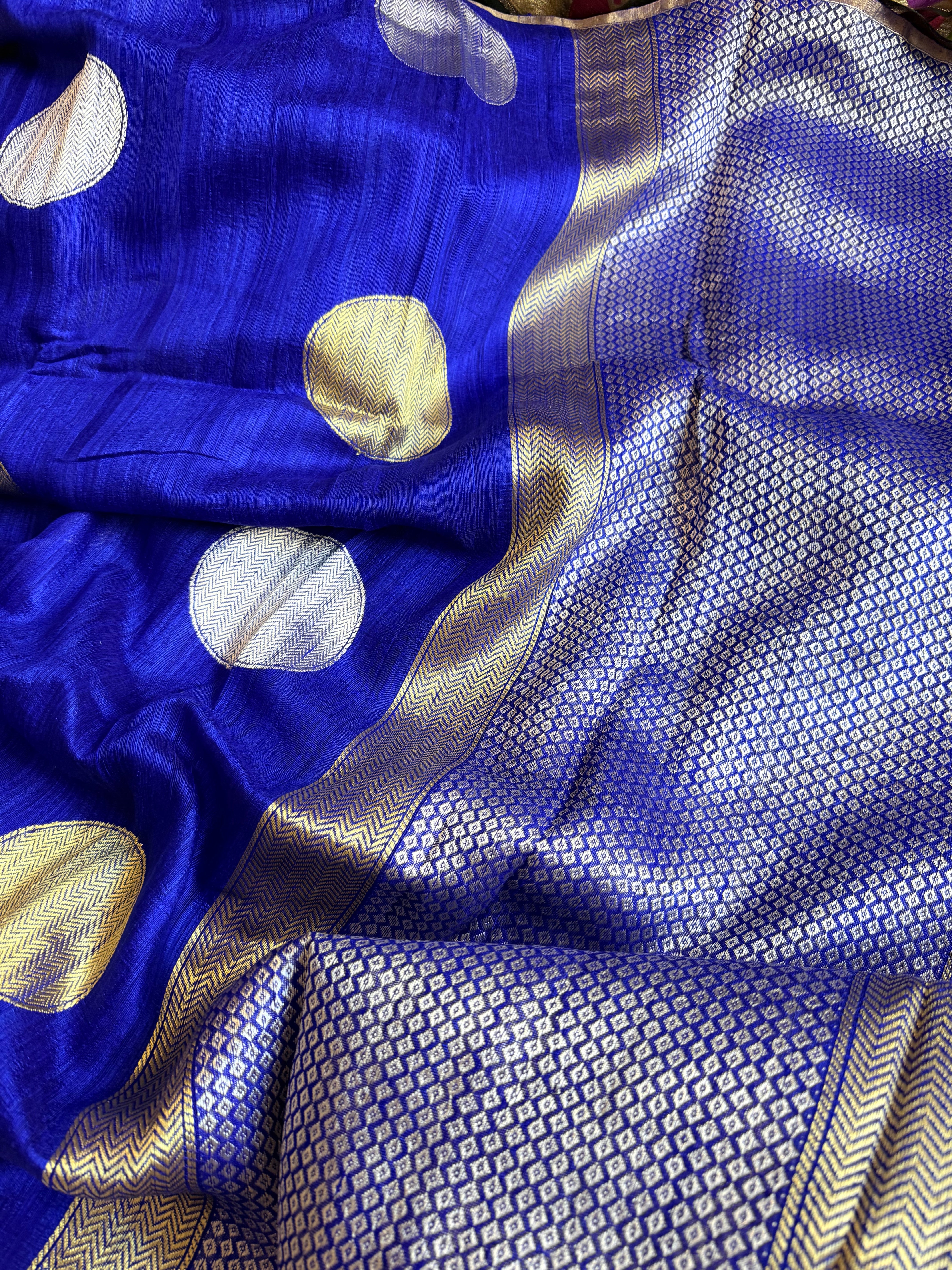 Electric blue tussar gorgette kadhwa weaving saree