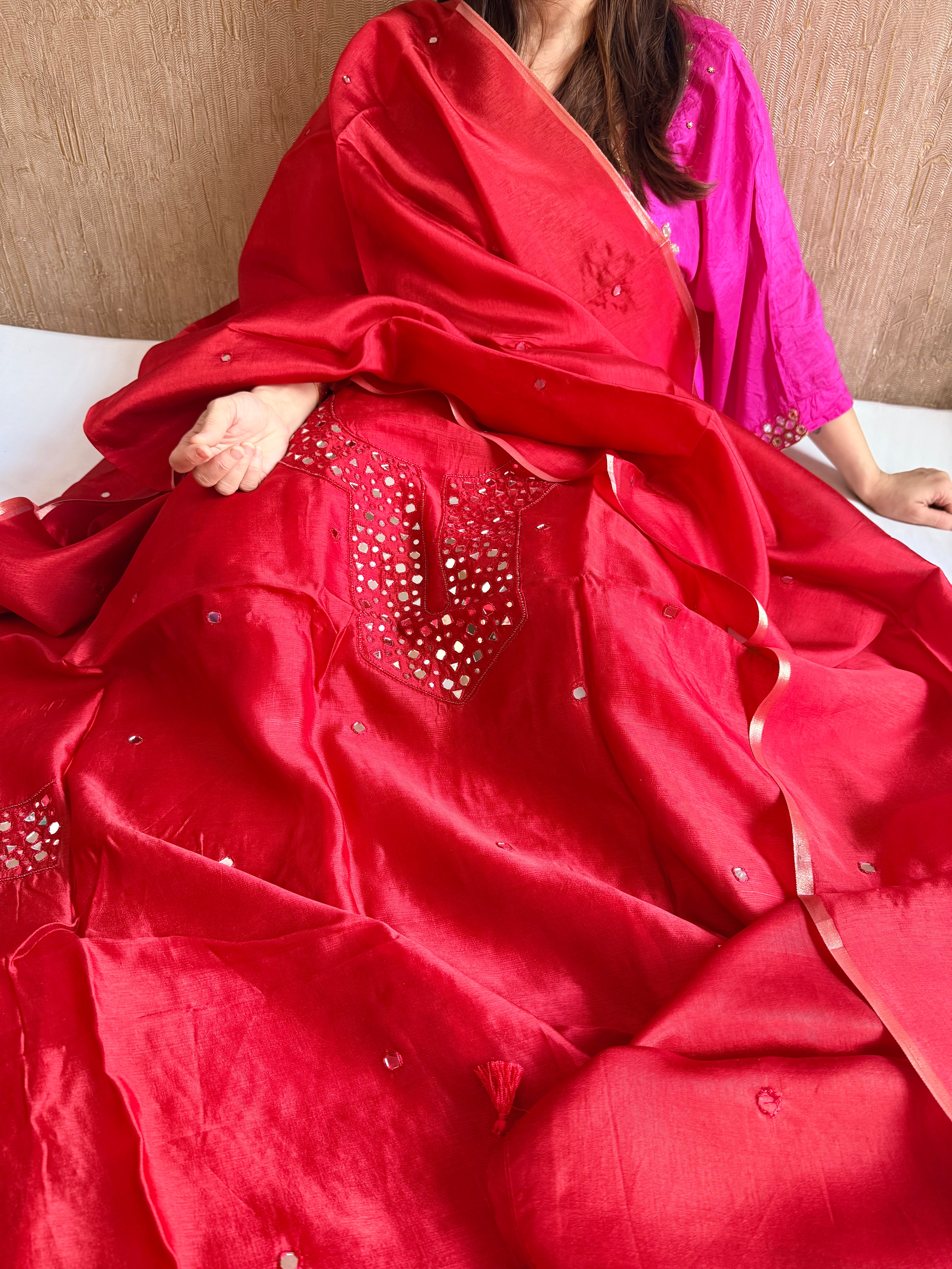 Spun chiniya silk mirror work hand embroidered banarasi suit set
