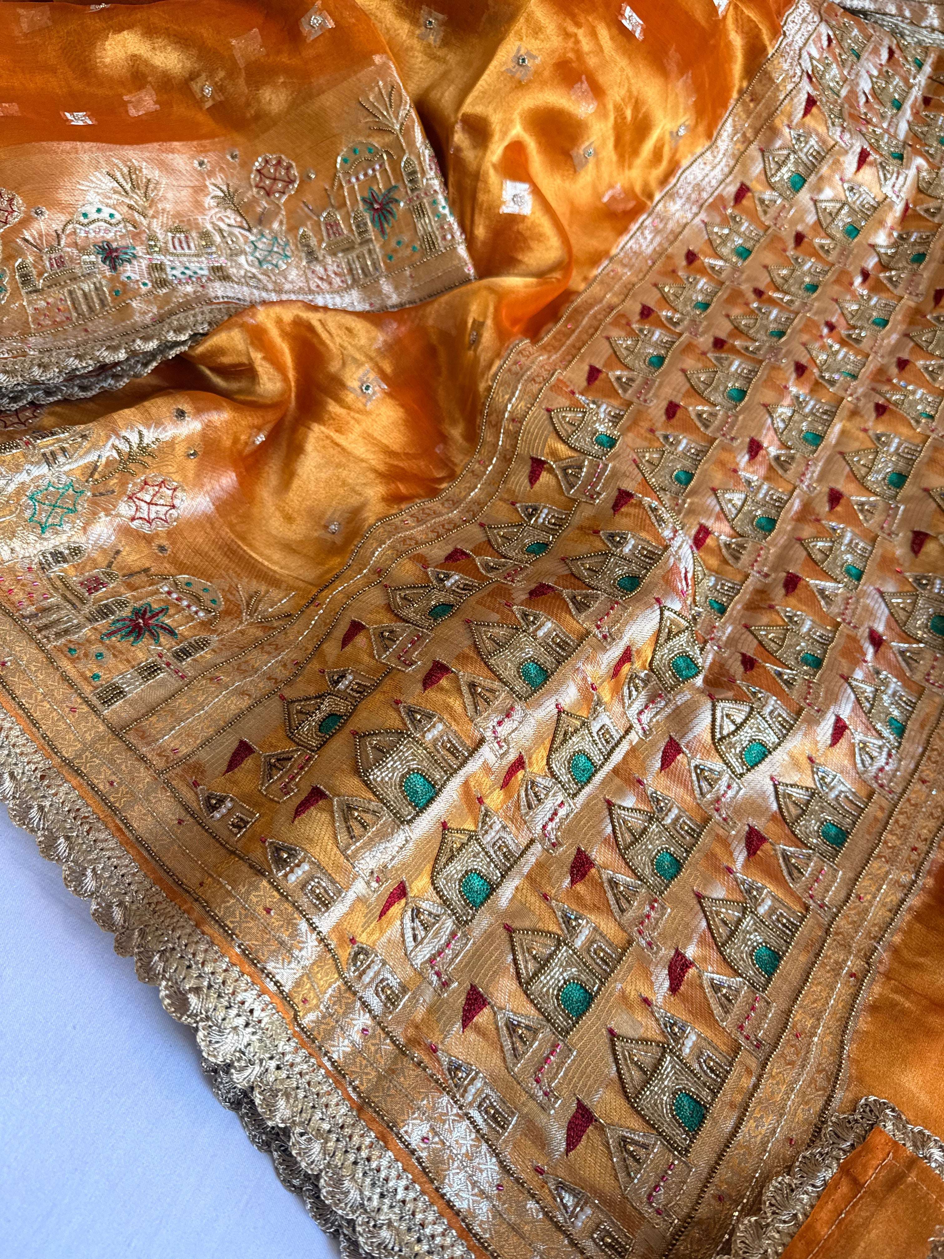 Ganga-darshan edit - Tissue silk fanta orange hand embroidered kadhwa saree