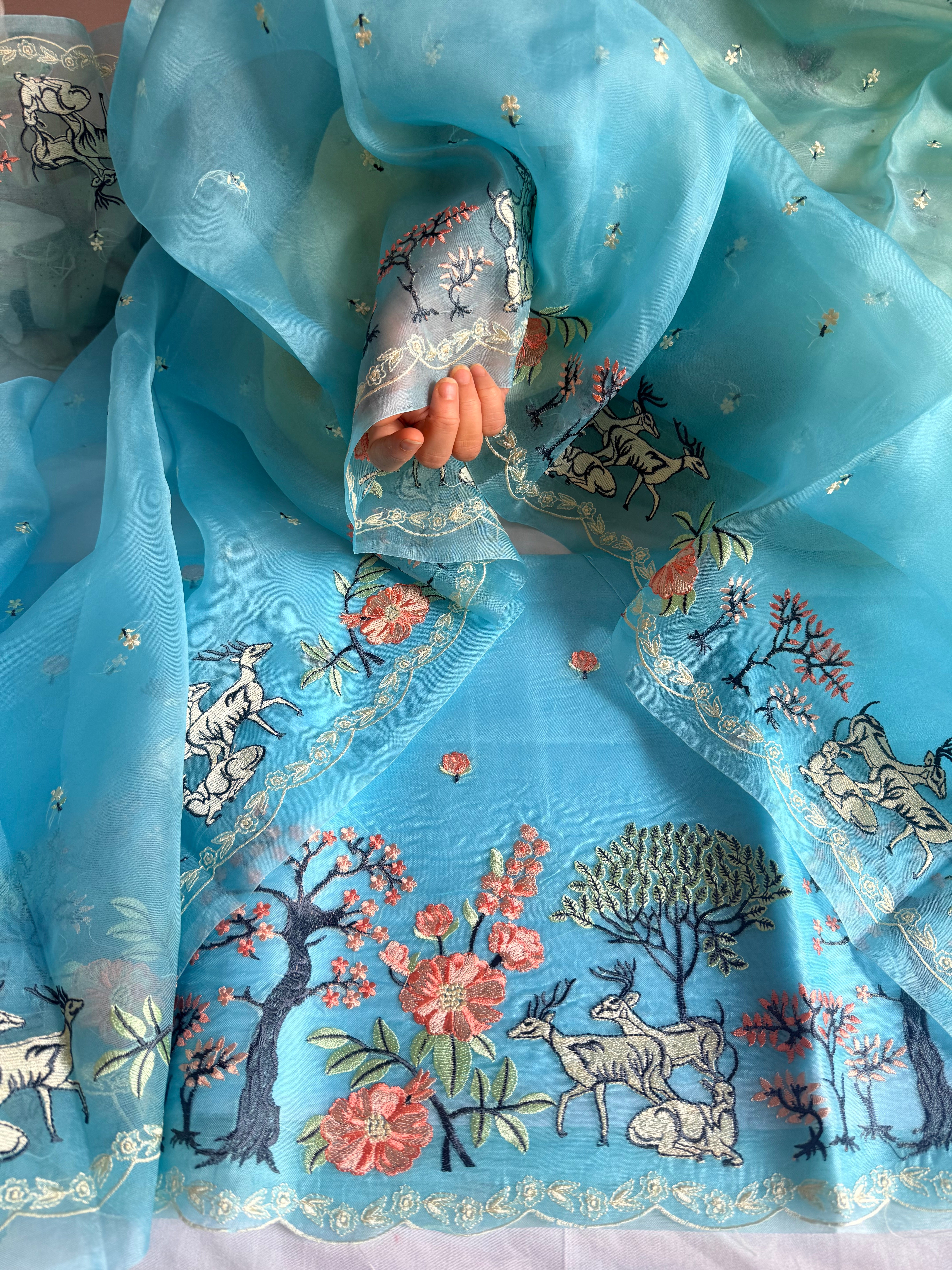 Parsigara kora silk bagh motif hand embroidered suit sets