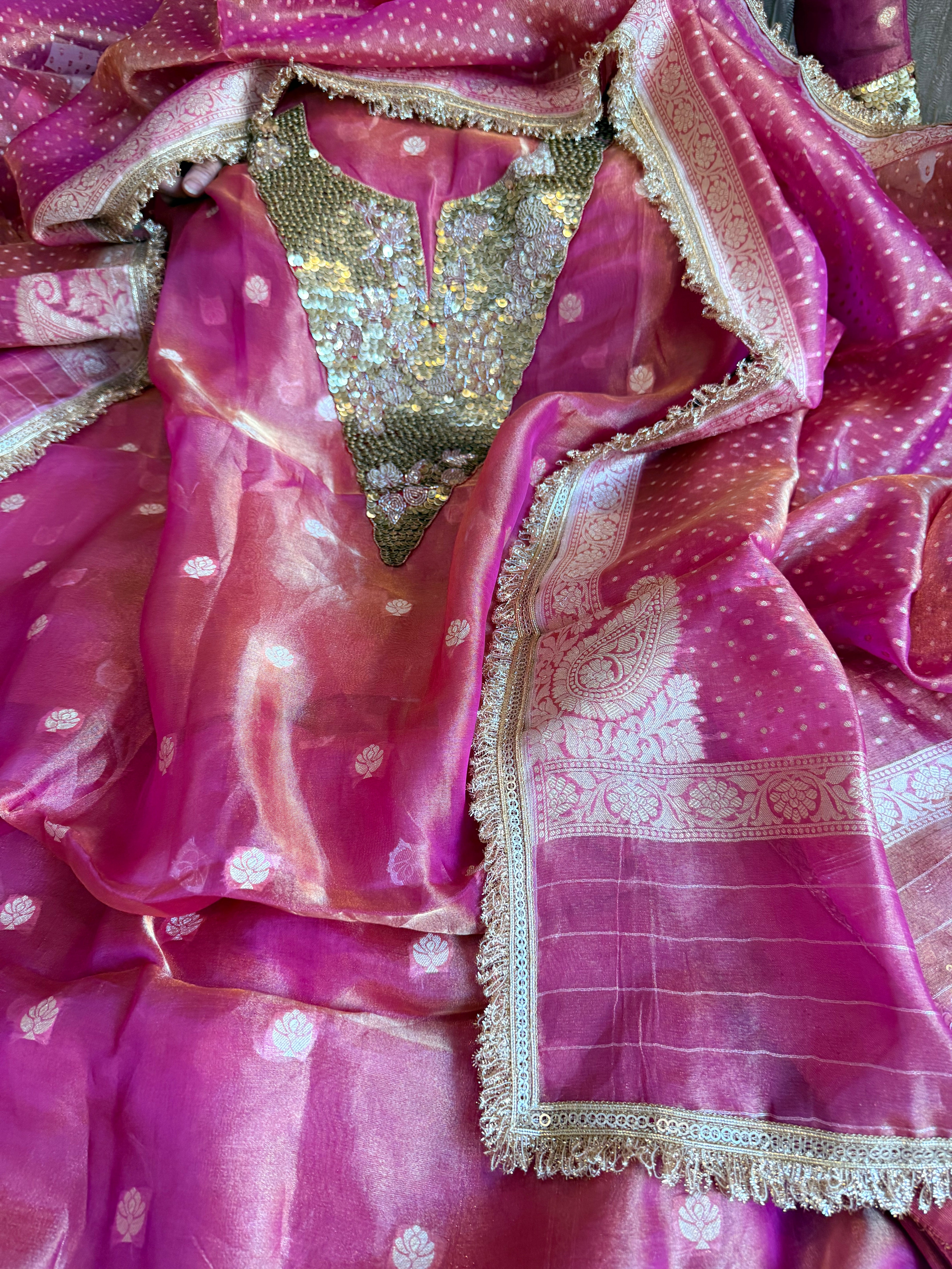 Karwachauth edit tissue silk sequins work hand embroidered suits