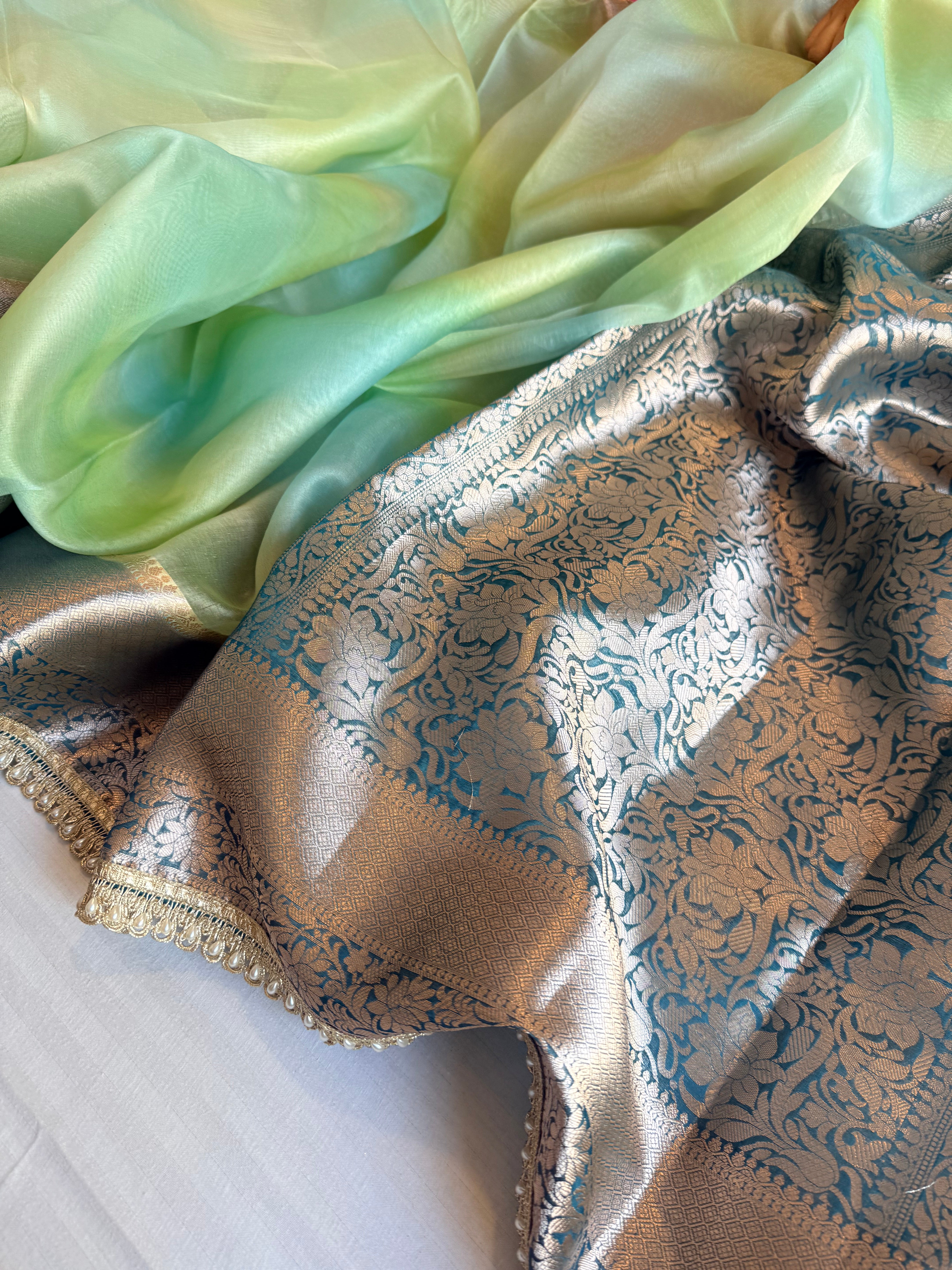 Banarasi kora silk rainbow dyed kadhwa saree with gotapatti work