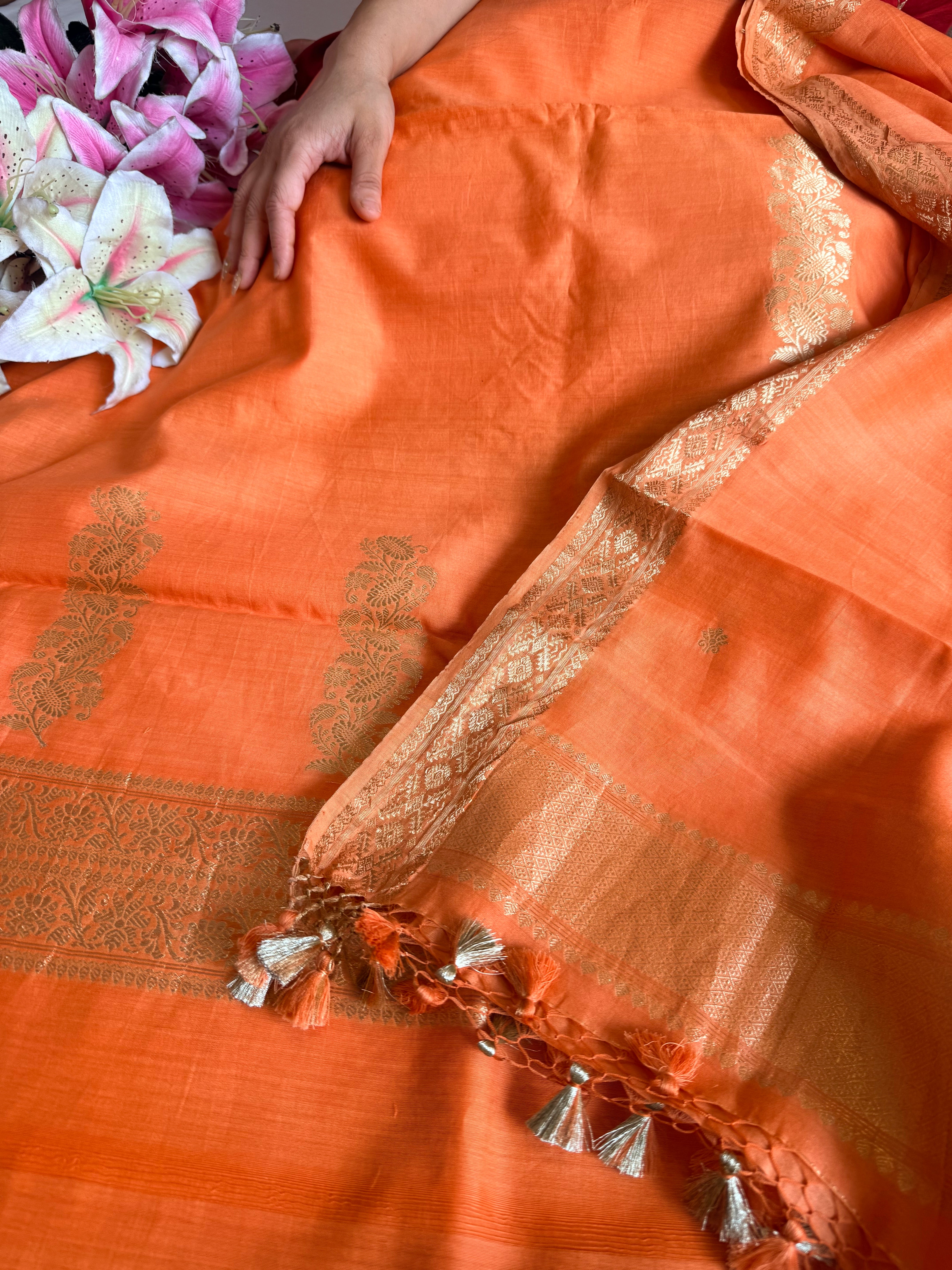 Handloom banarasi cotton kadhwa weaving blush peach suit set