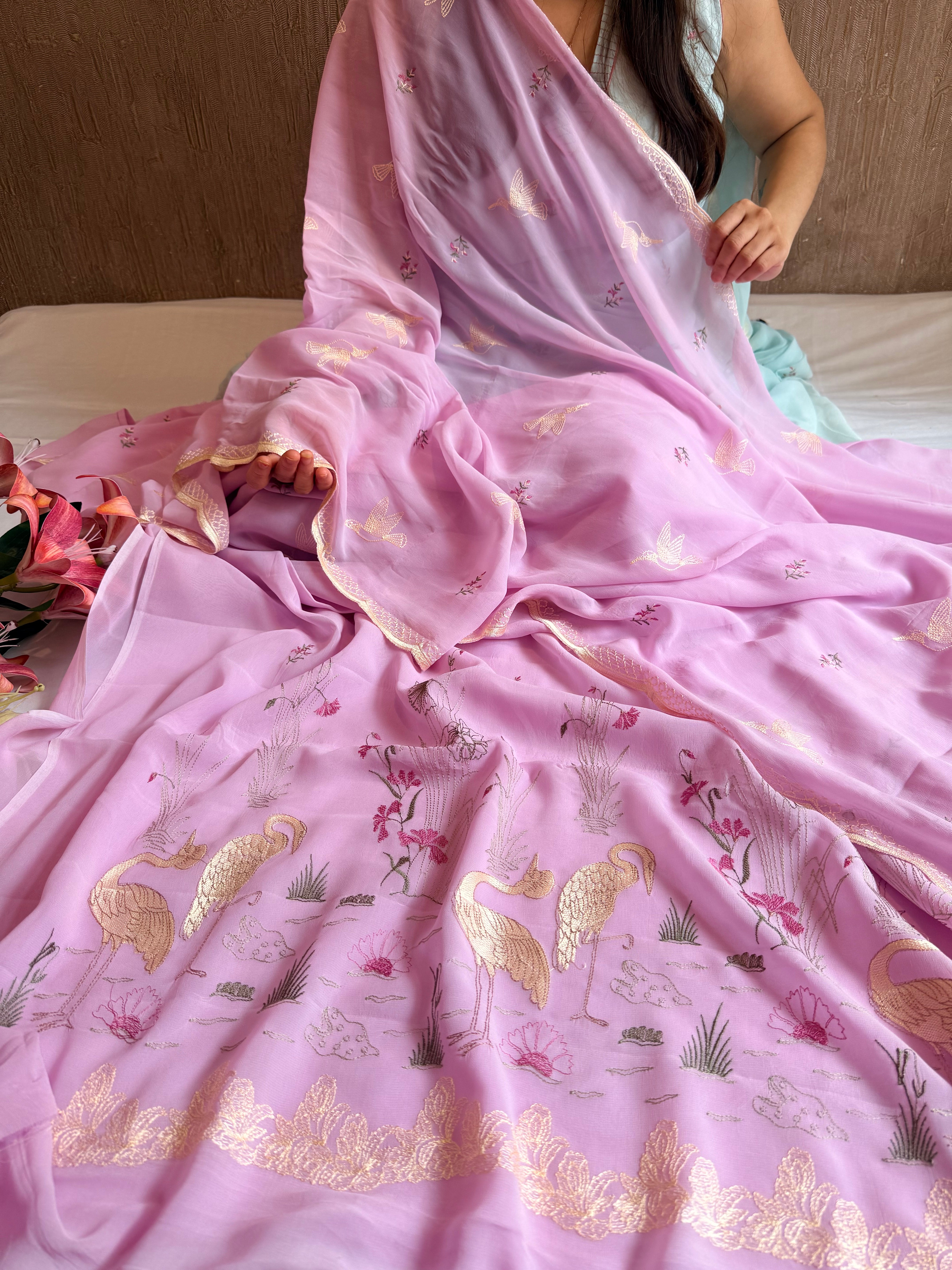 Chiffon gorgette blush lilac flamingo meenakari hand embroidered suit