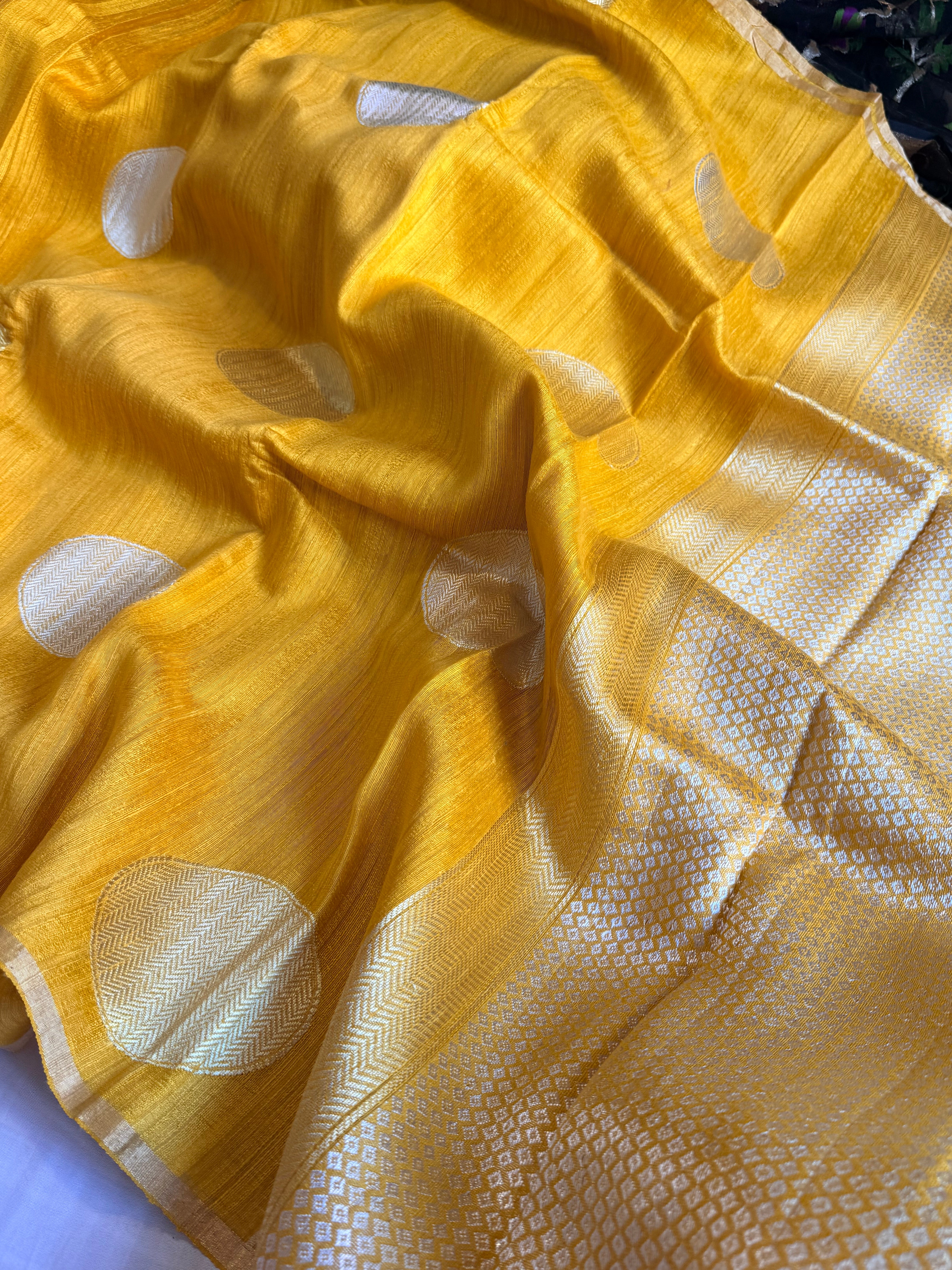 Haldi yellow  tussar gorgette kadhwa weaving saree