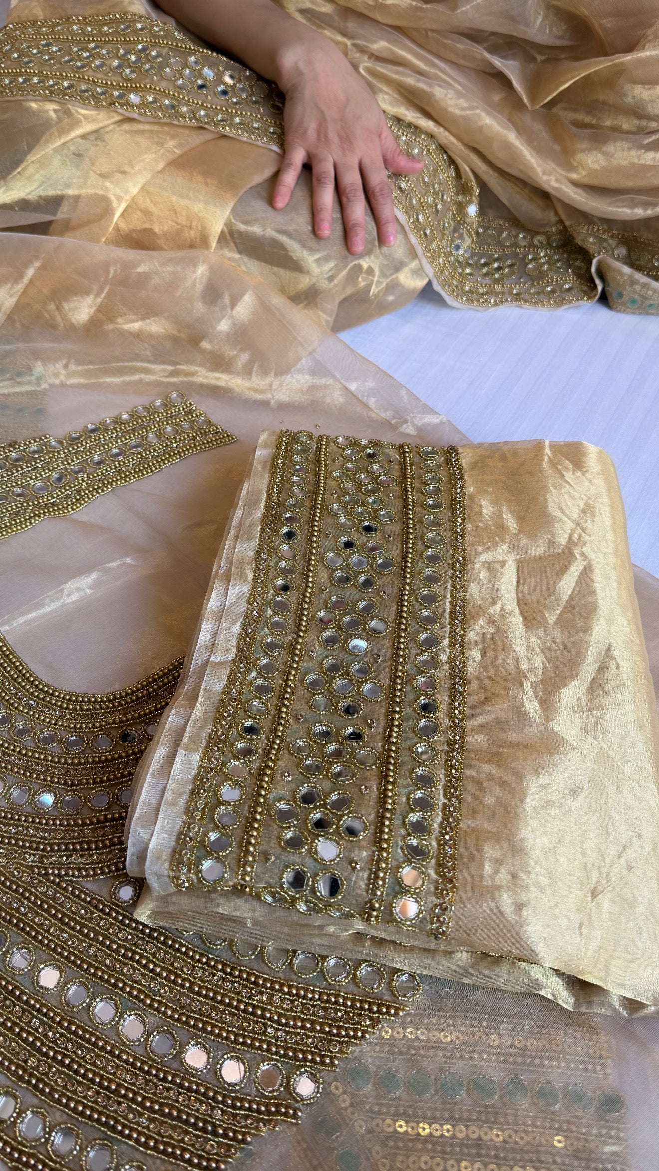 Mirror work edit - Champagne gold tissue silk mirror work heavy banarasi border saree