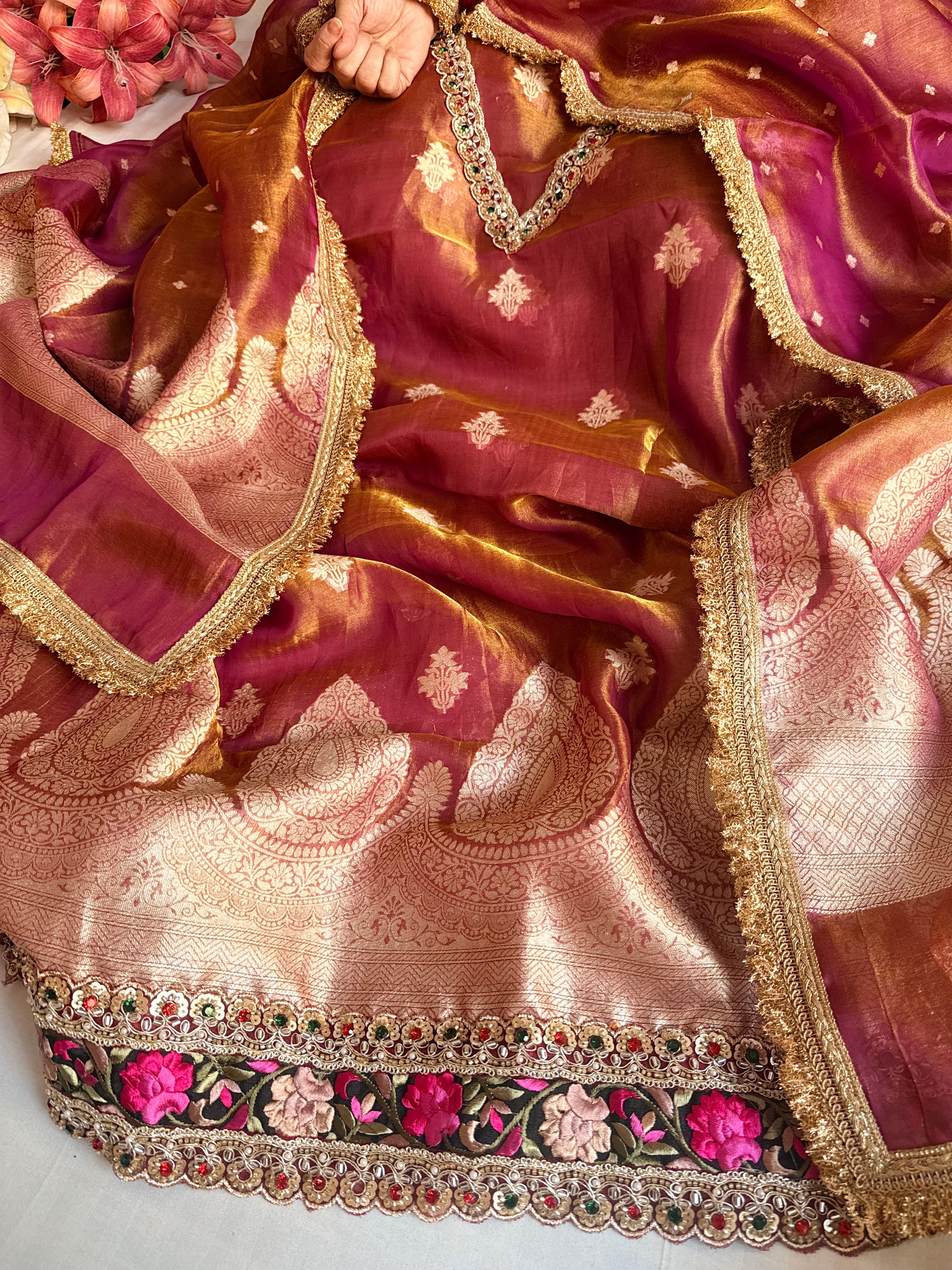 Navratna purple tissue silk kadhwa buti hand embroidered suit sets