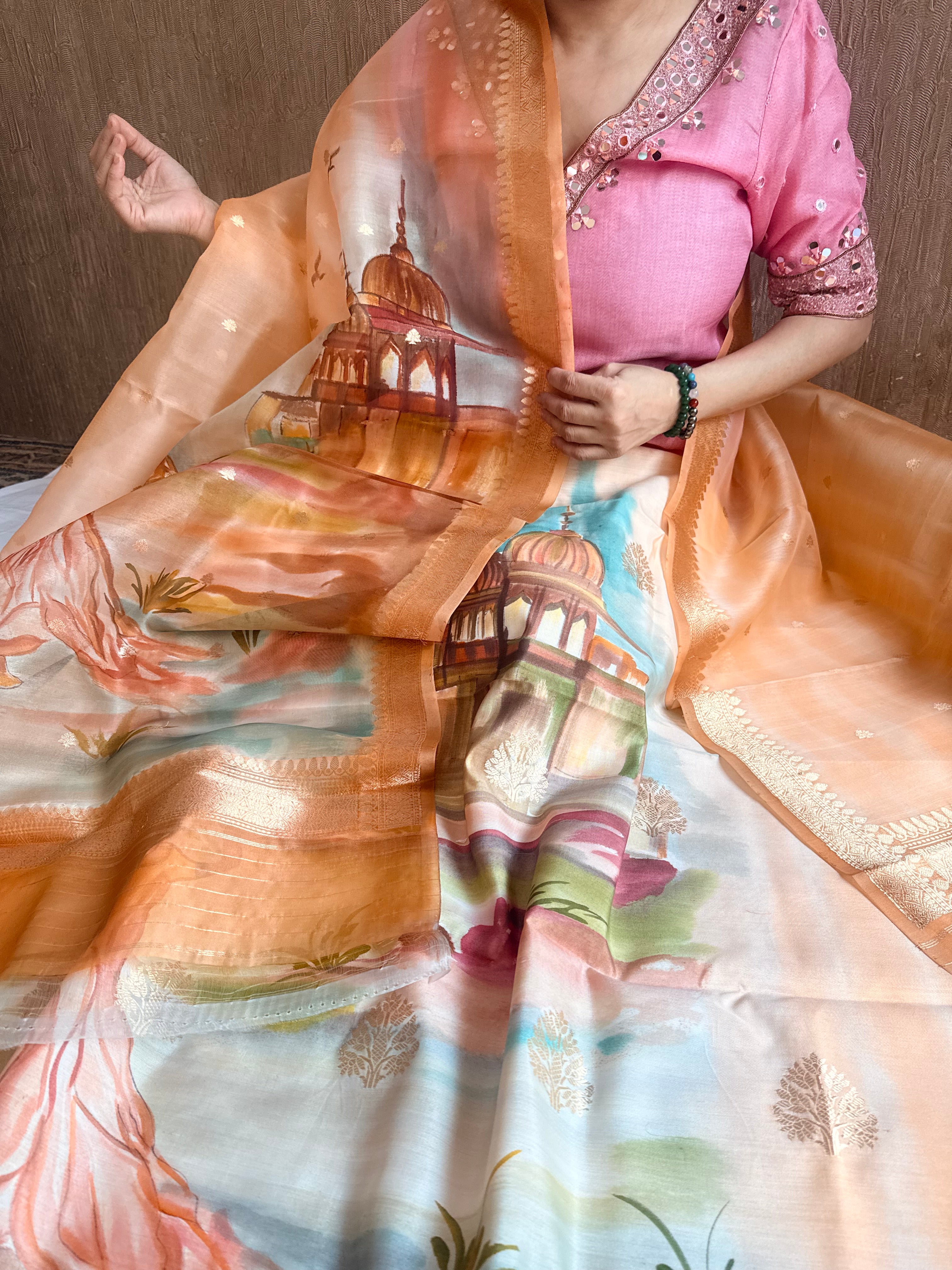 Banarasi kora silk handpainted ghatwork kadhwa buti rainbow dye suits