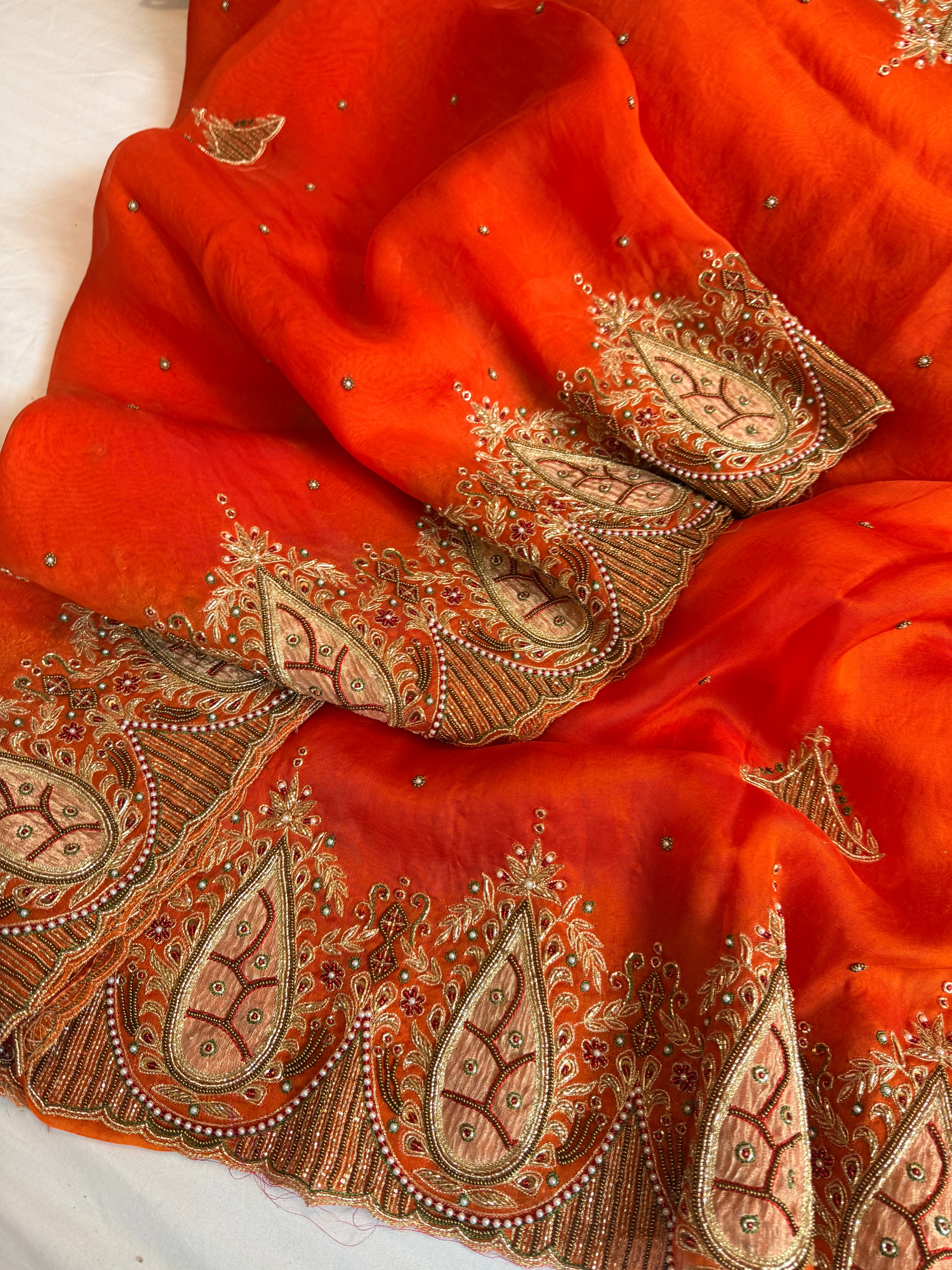 Gulab genda edit - Banarasi Kora silk fanta orange hand embroidered saree