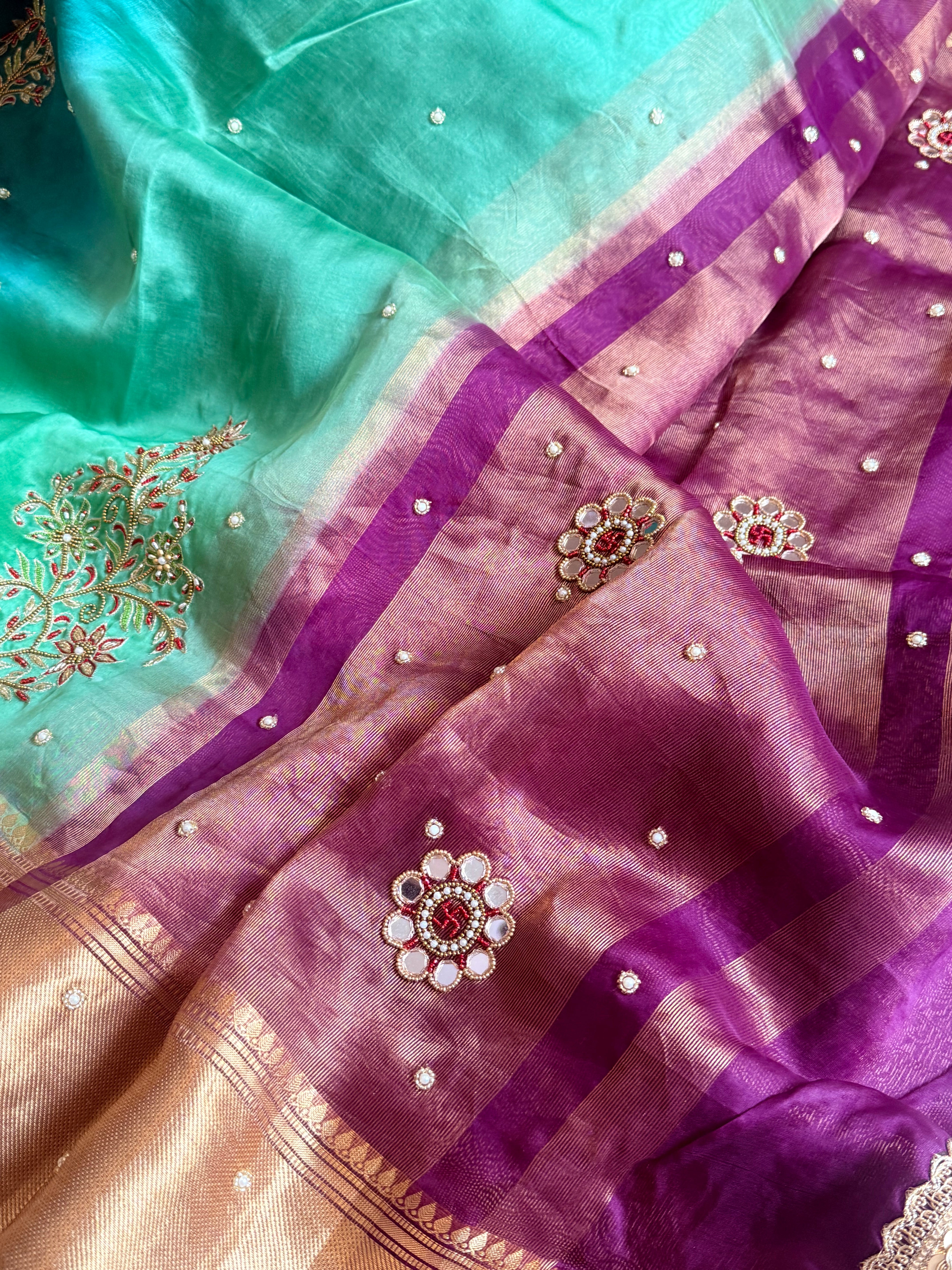Husn ganga jamuna contrast border kora silk hand embroidered saree