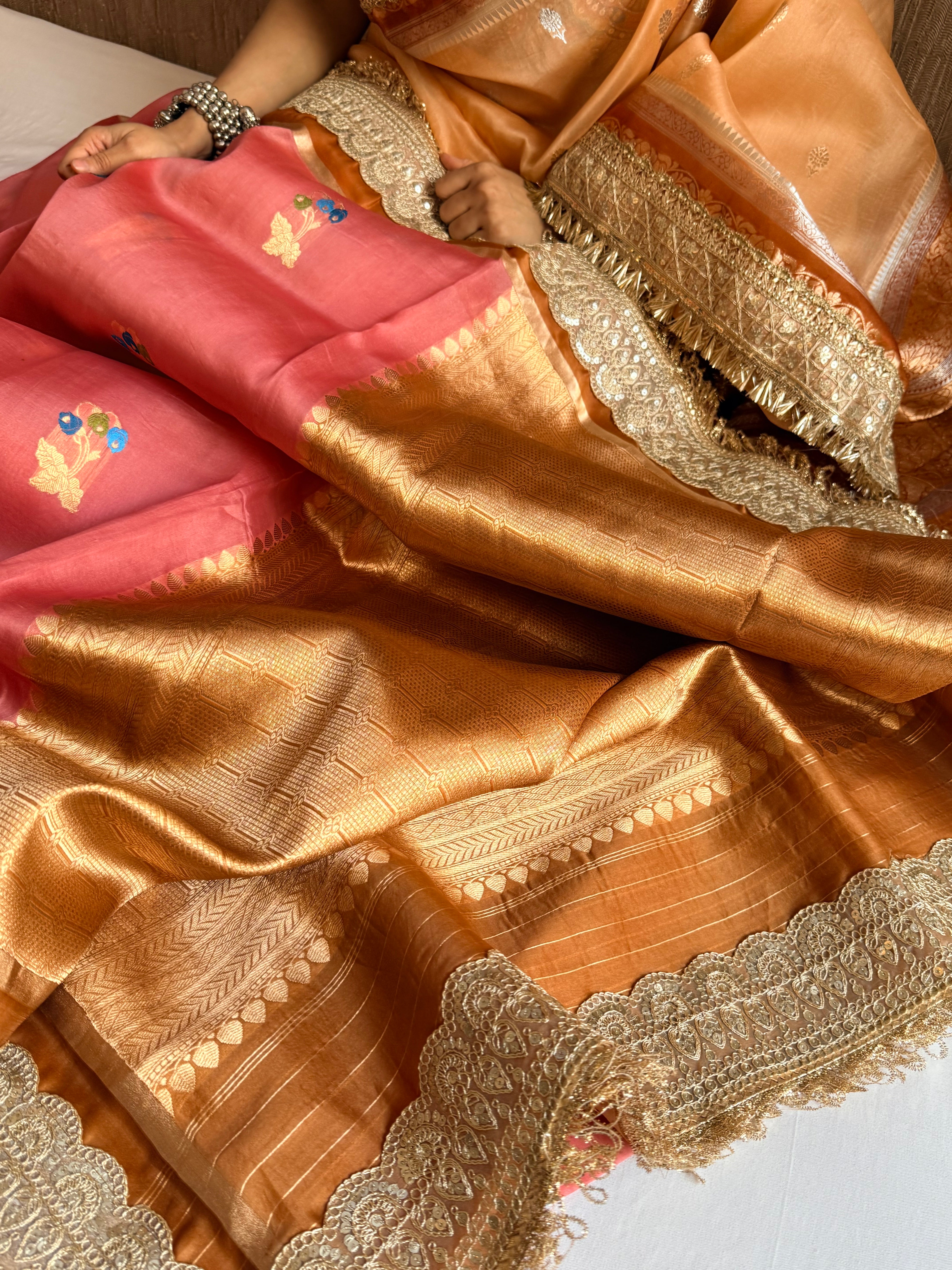 Banarasi leela brick peach-orange kora silk kadhwa saree