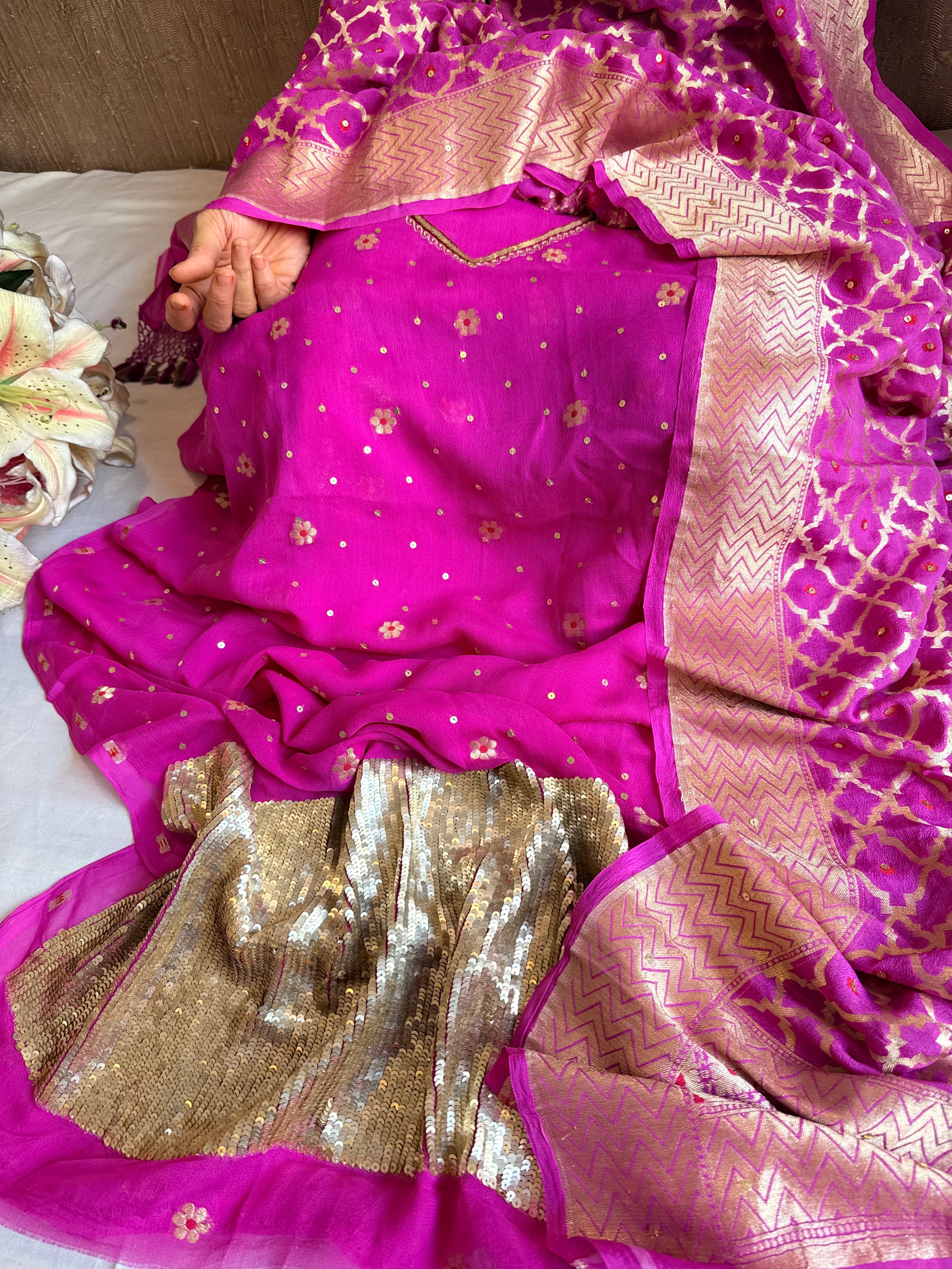 Hot pink salma sitara chiffon gorgette hand embroidered suit set
